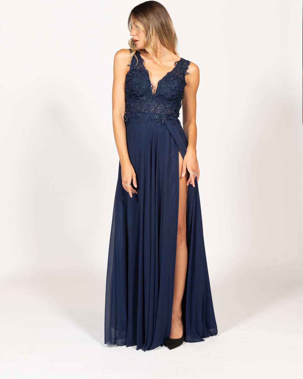 Berti Mode Collection - Abito blu con bustino ricamato