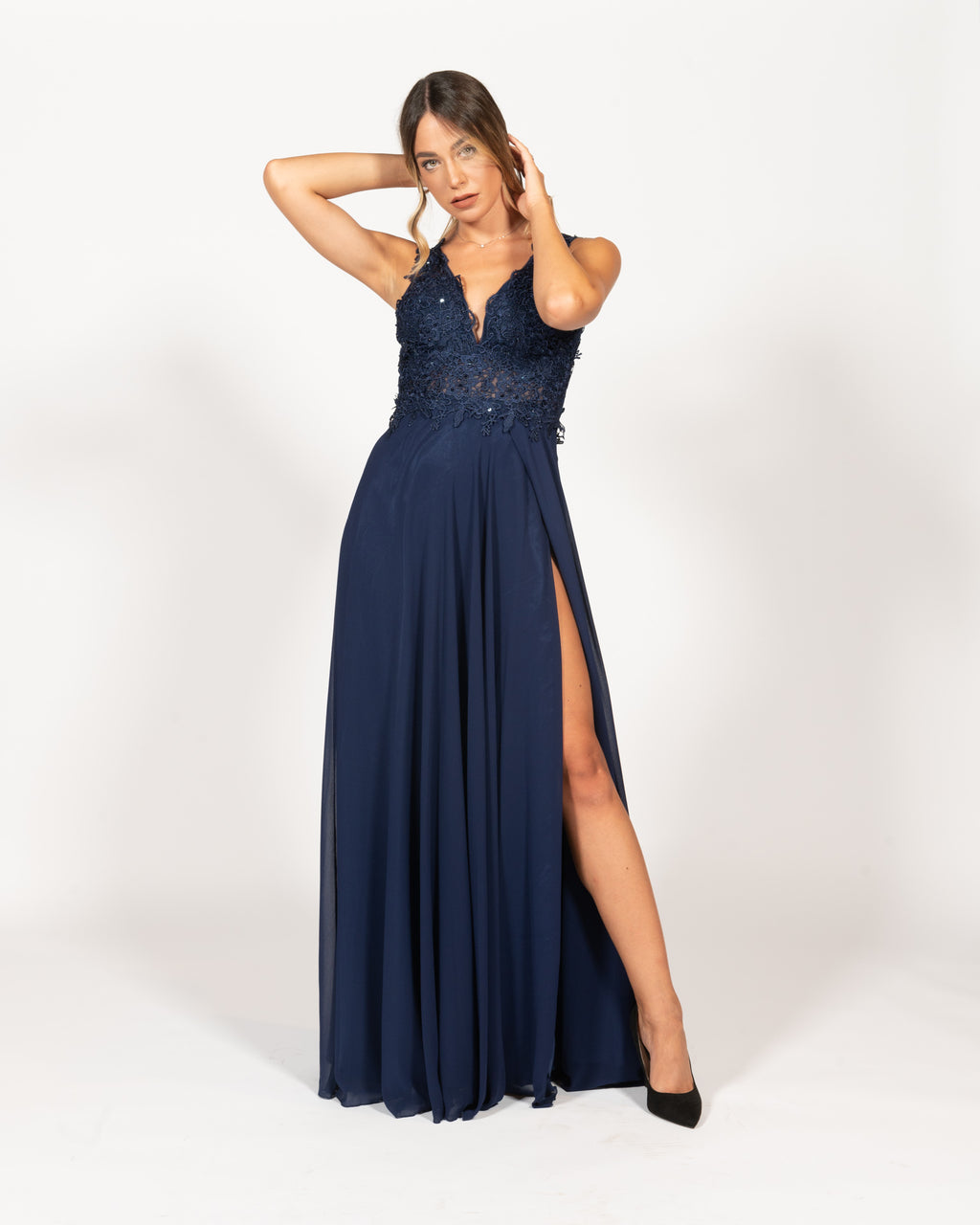 Berti Mode Collection - Abito blu con bustino ricamato