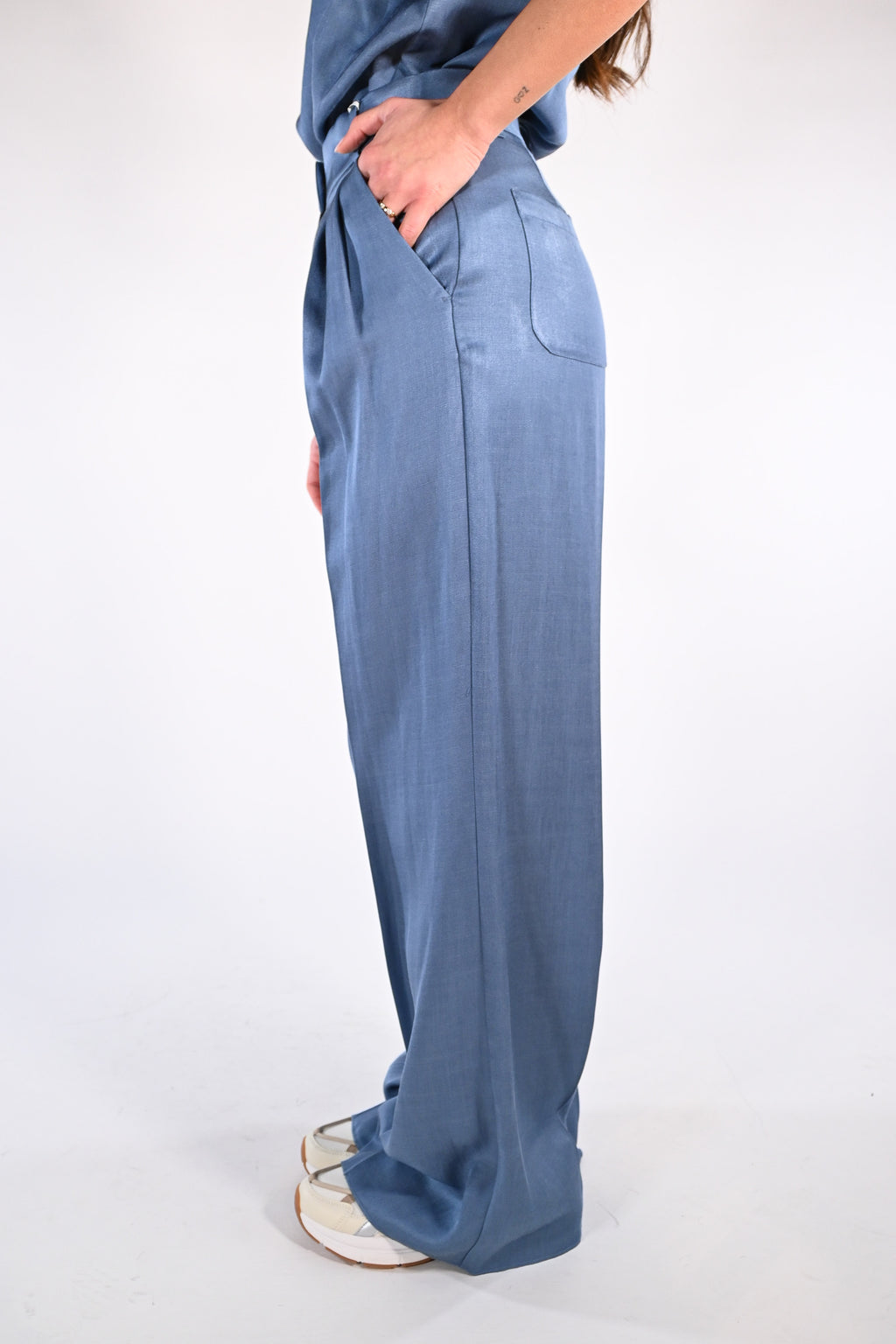 Pantalone in Twill di viscosa e lino azzurro -  Emme Marella