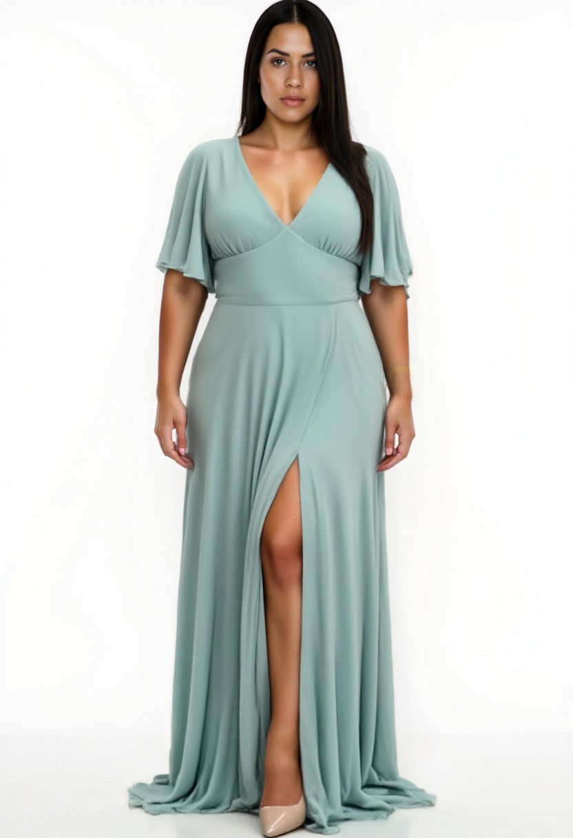 Abito Lungo Cerimonia con Maniche a Farfalla e Spacco - Berti Mode Collection