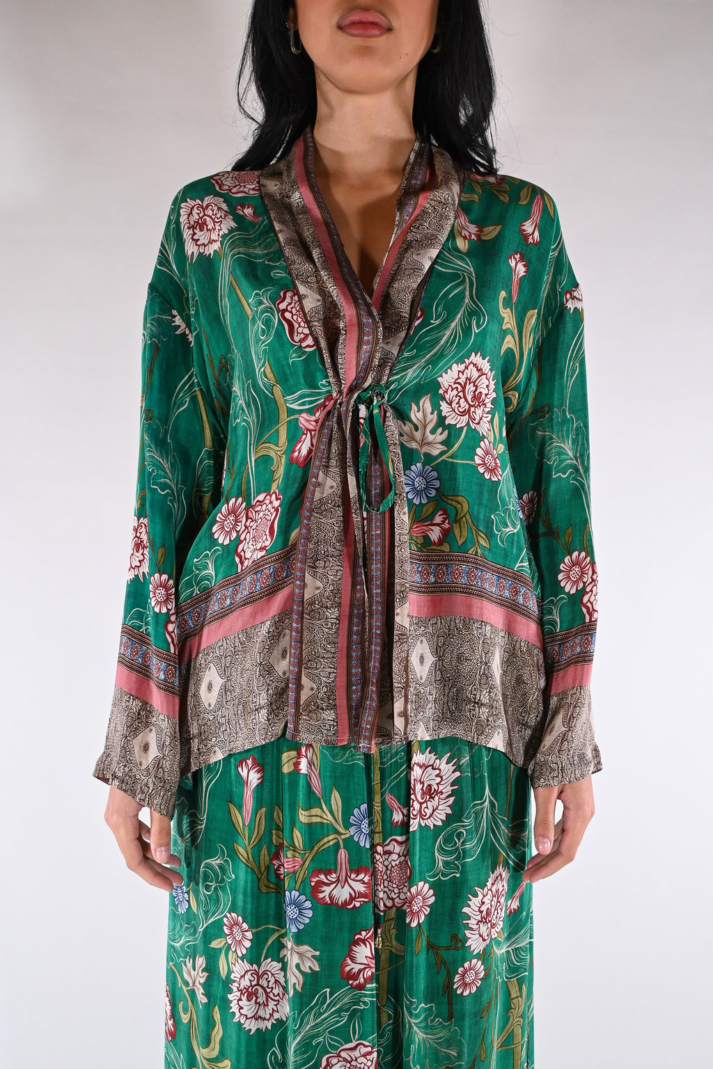 Giacca kimono floreale verde smeraldo - Wu side