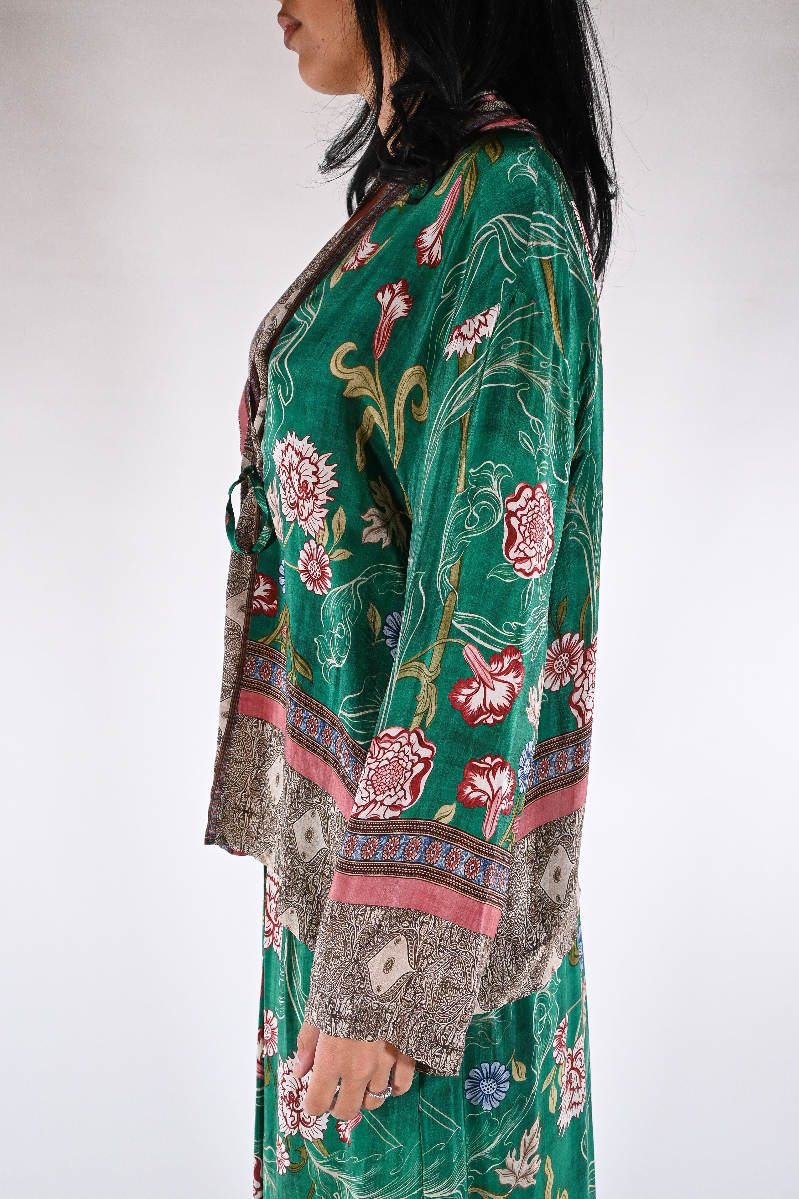 Giacca kimono floreale verde smeraldo - Wu side