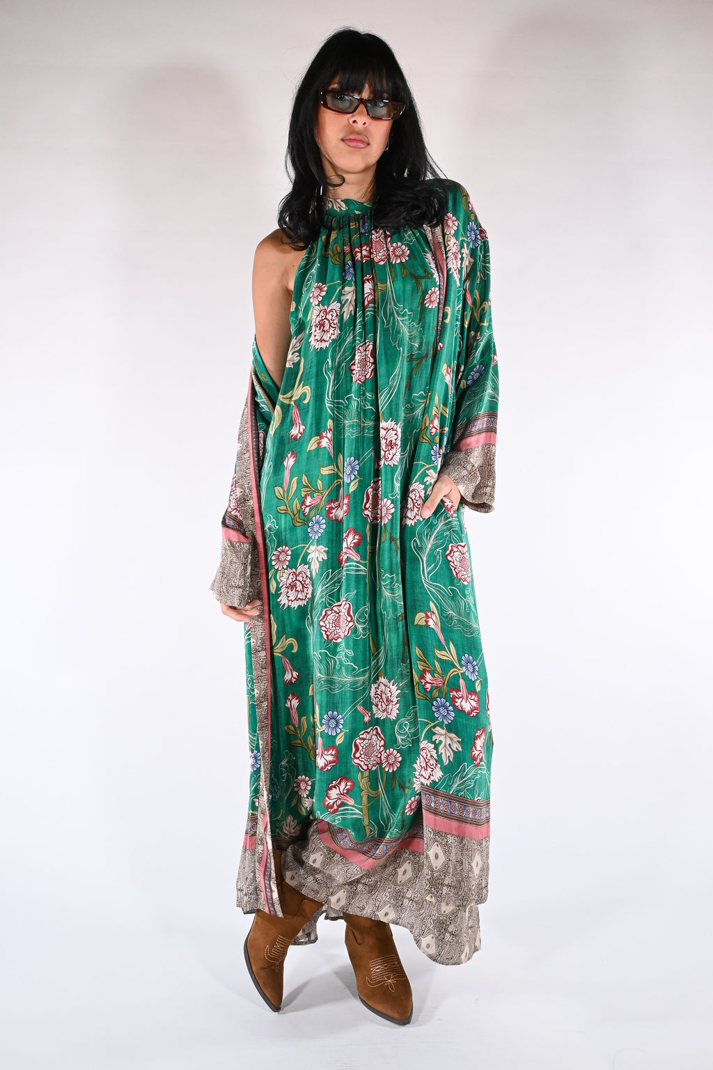 Maxi Dress Halter con Stampa  verde smeraldo - Wu side