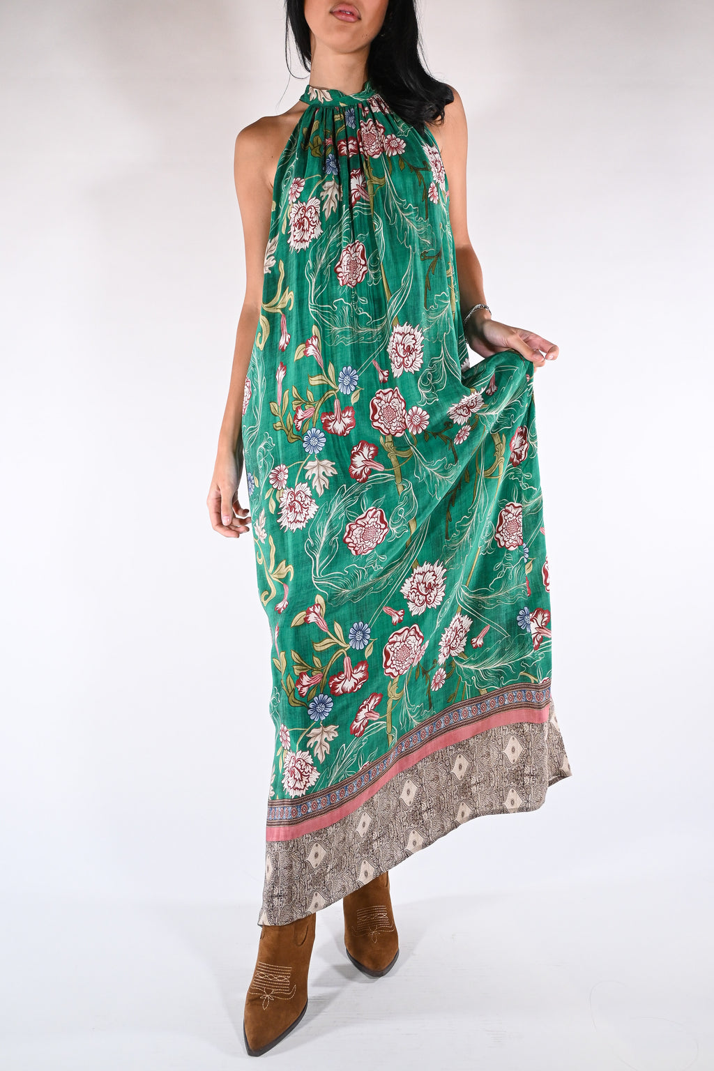 Maxi Dress Halter con Stampa  verde smeraldo - Wu side
