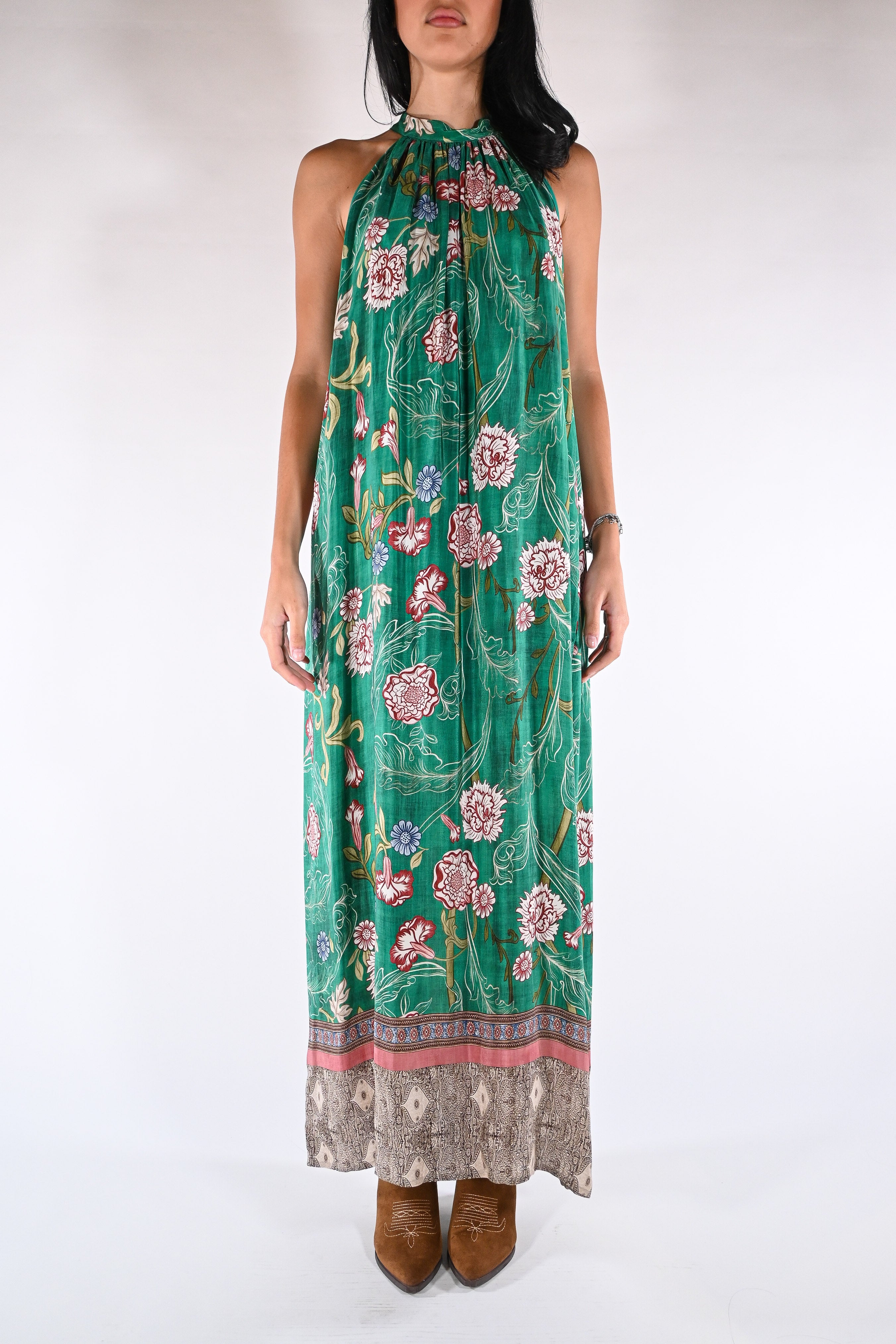 Maxi Dress Halter con Stampa  verde smeraldo - Wu side
