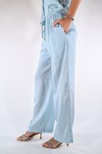 Pantaloni Palazzo Satinati  Azzurro Polvere - Wu side