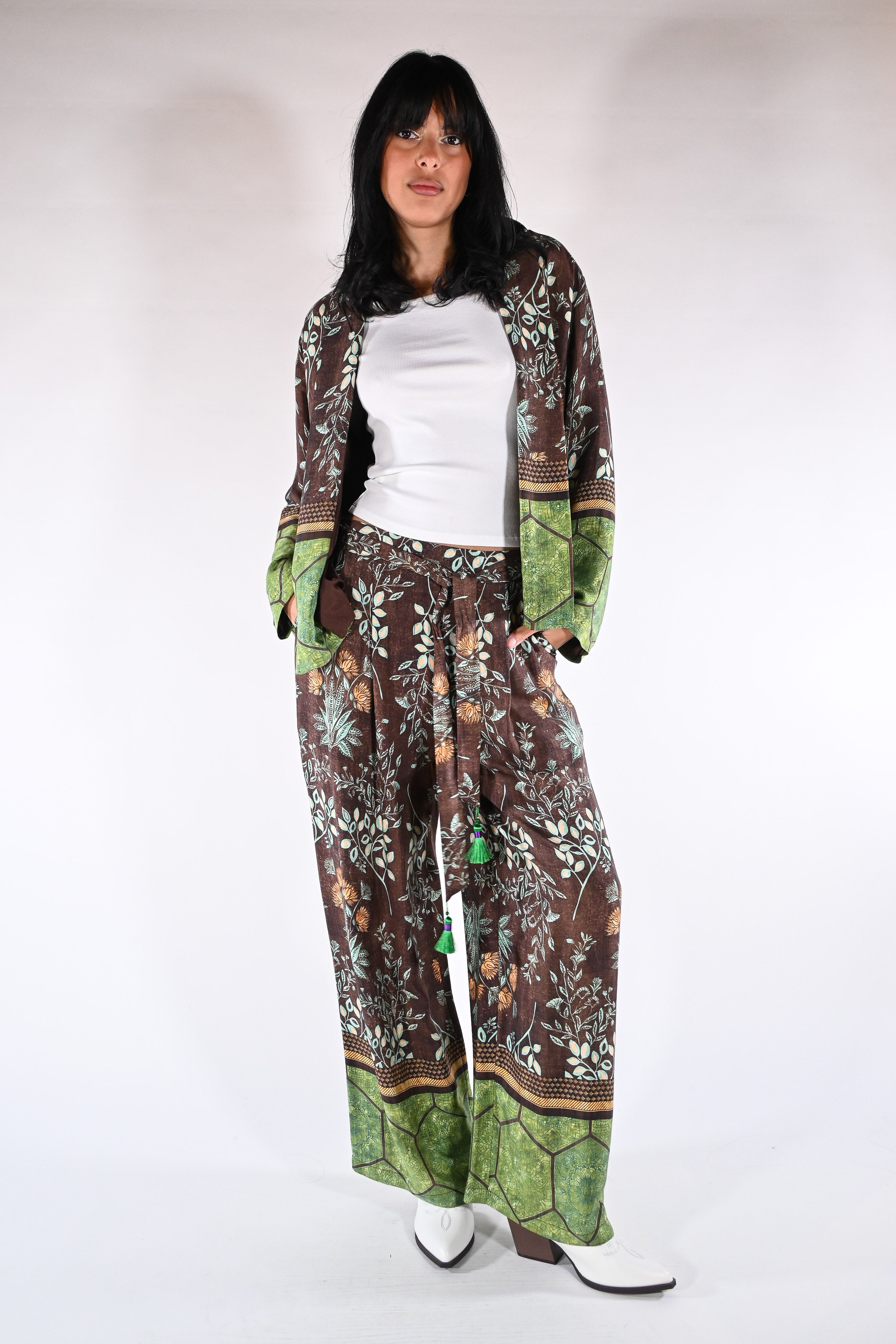 Pantaloni Palazzo  Marrone e Verde Bosco - Wu side