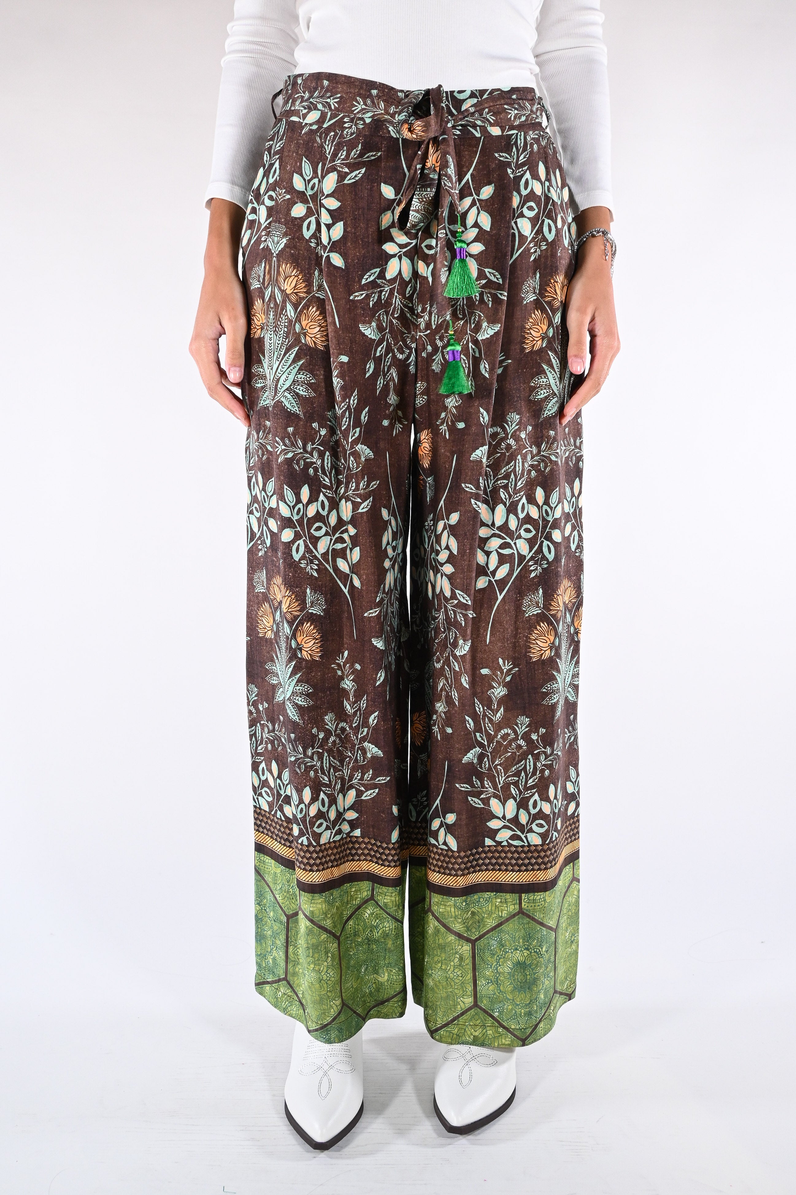 Pantaloni Palazzo  Marrone e Verde Bosco - Wu side