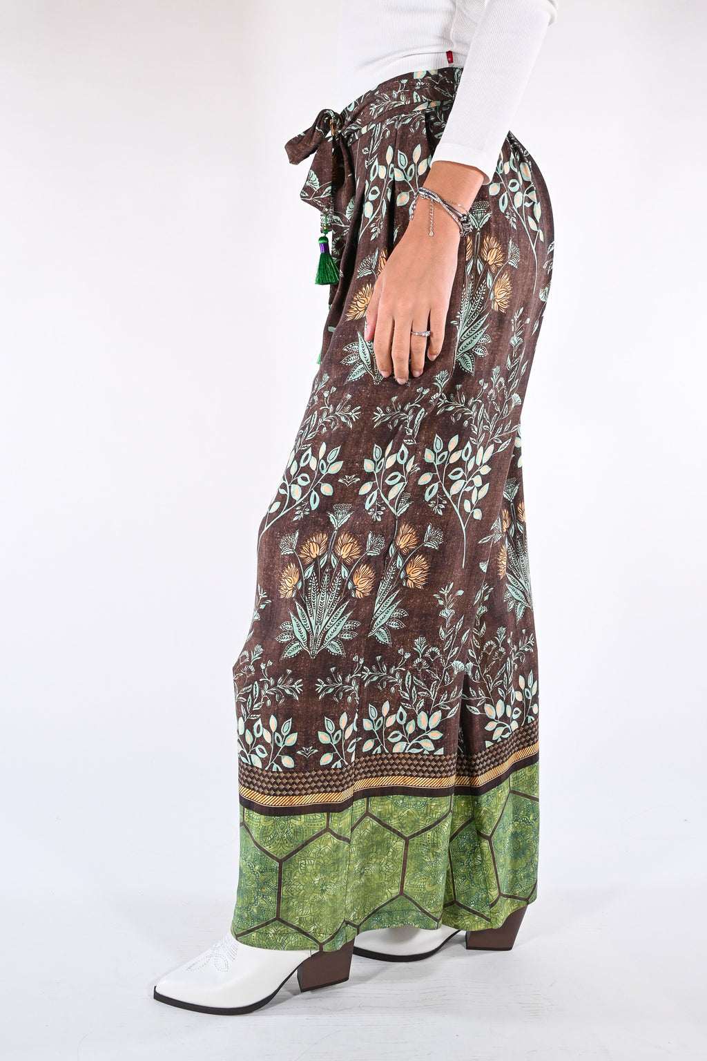 Pantaloni Palazzo  Marrone e Verde Bosco - Wu side