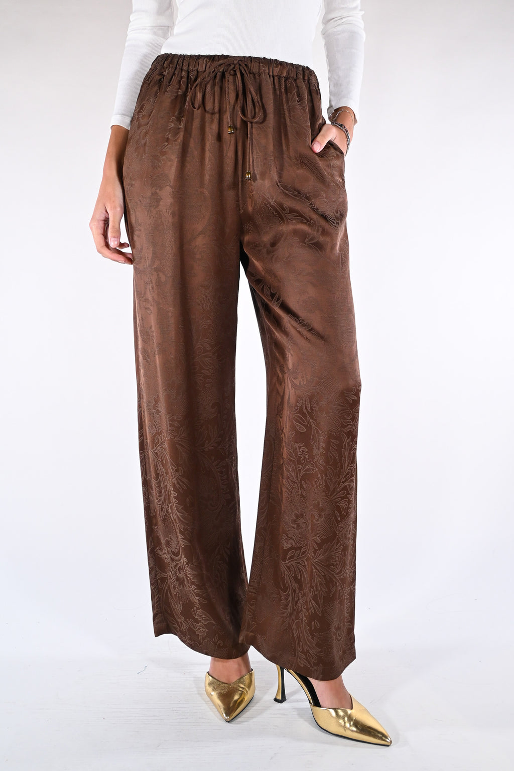 Pantalone wide-leg in jacquard marrone - Wu side