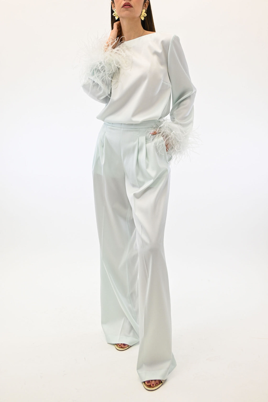 Twinset blusa con piume color acqua