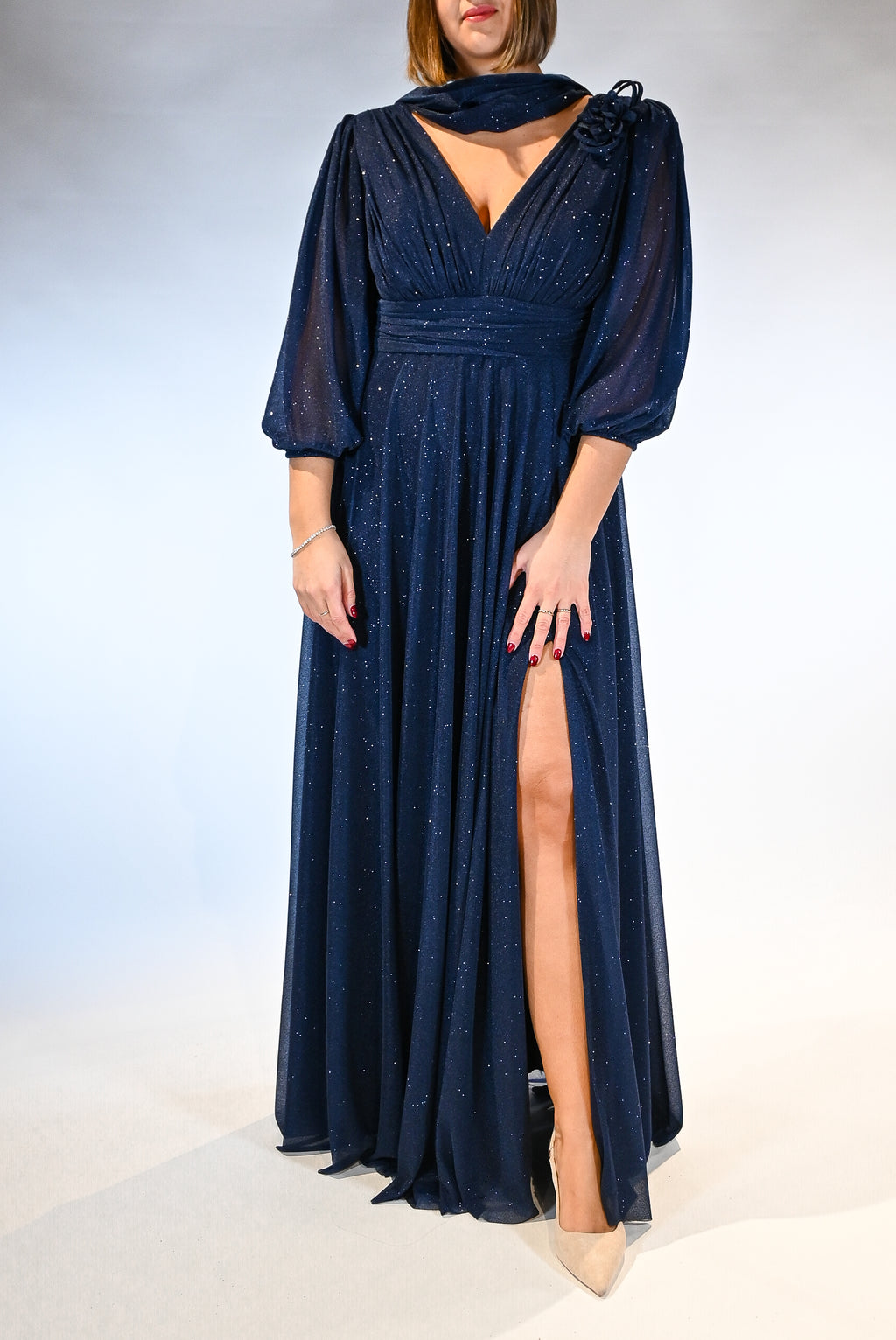 Abito lungo blu notte con manica in lurex - Berti Mode Collection