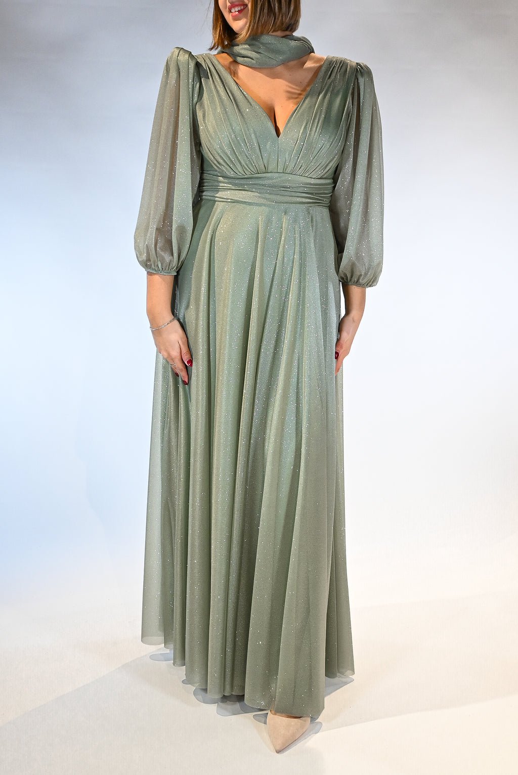 Abito lungo con scolla a V e manica in lurex - Berti Mode Collection