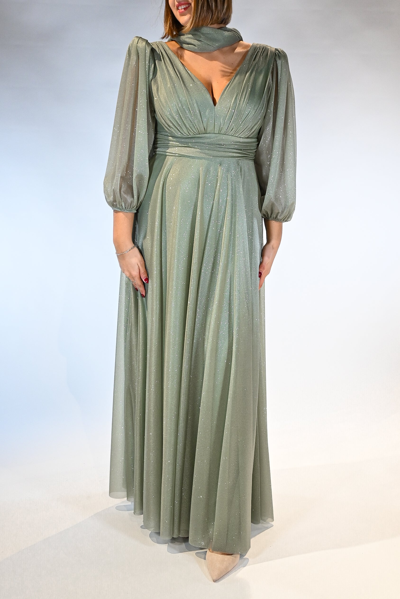 Abito lungo con scolla a V e manica in lurex - Berti Mode Collection