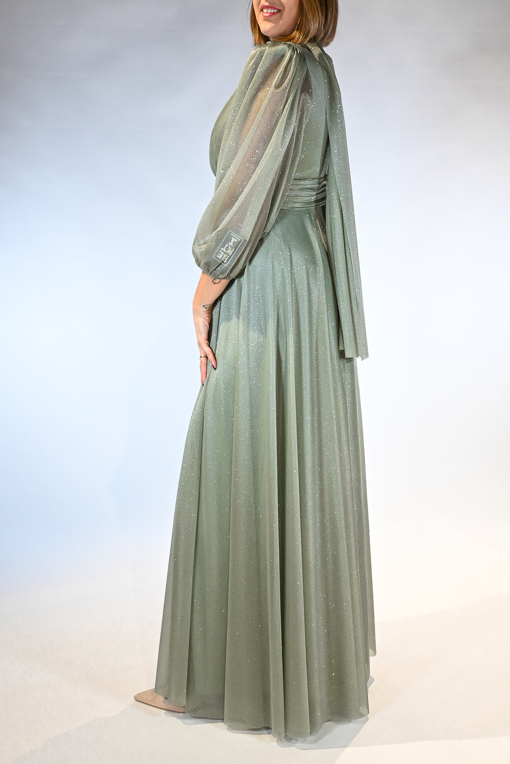 Abito lungo con scolla a V e manica in lurex - Berti Mode Collection