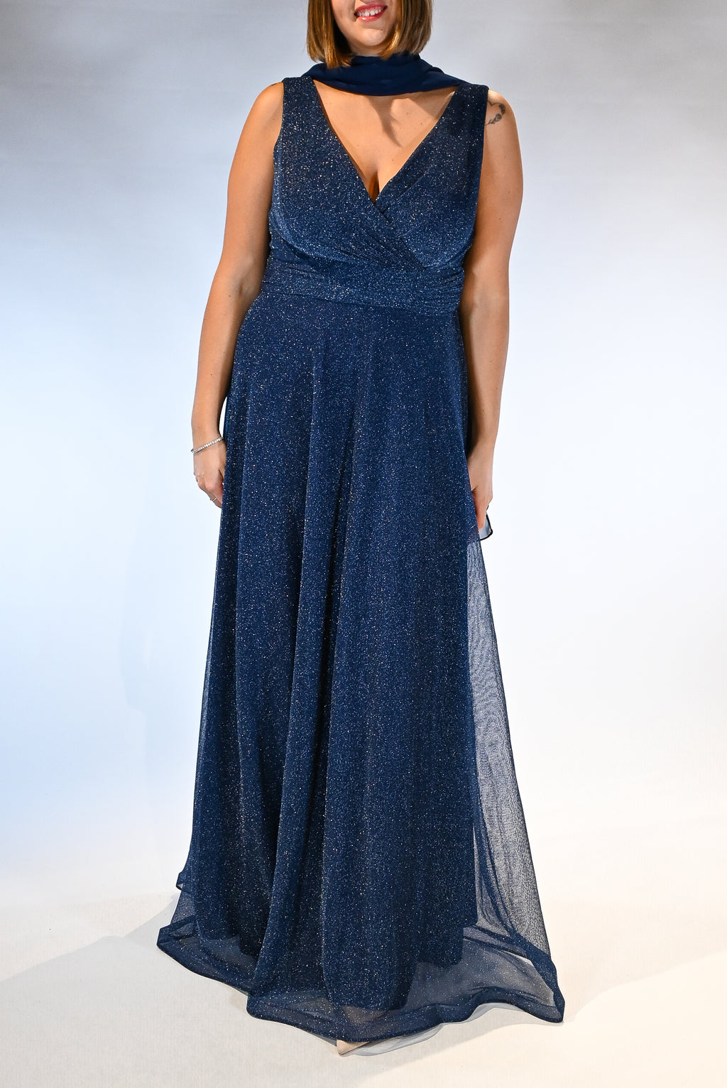 Abito lungo Scintillante con Scollo a Incrocio blu notte - Berti Mode Collection