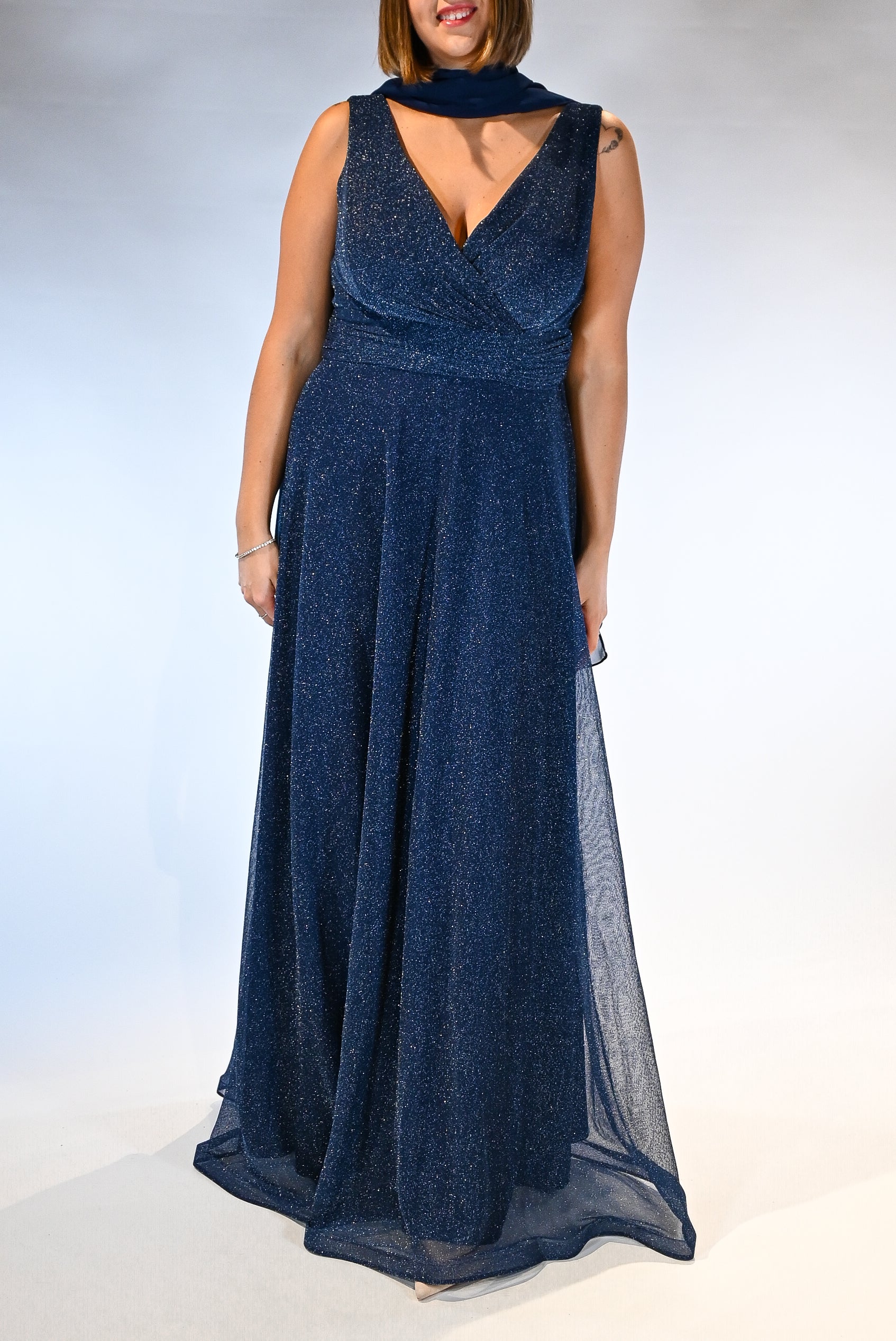 Abito lungo Scintillante con Scollo a Incrocio blu notte - Berti Mode Collection