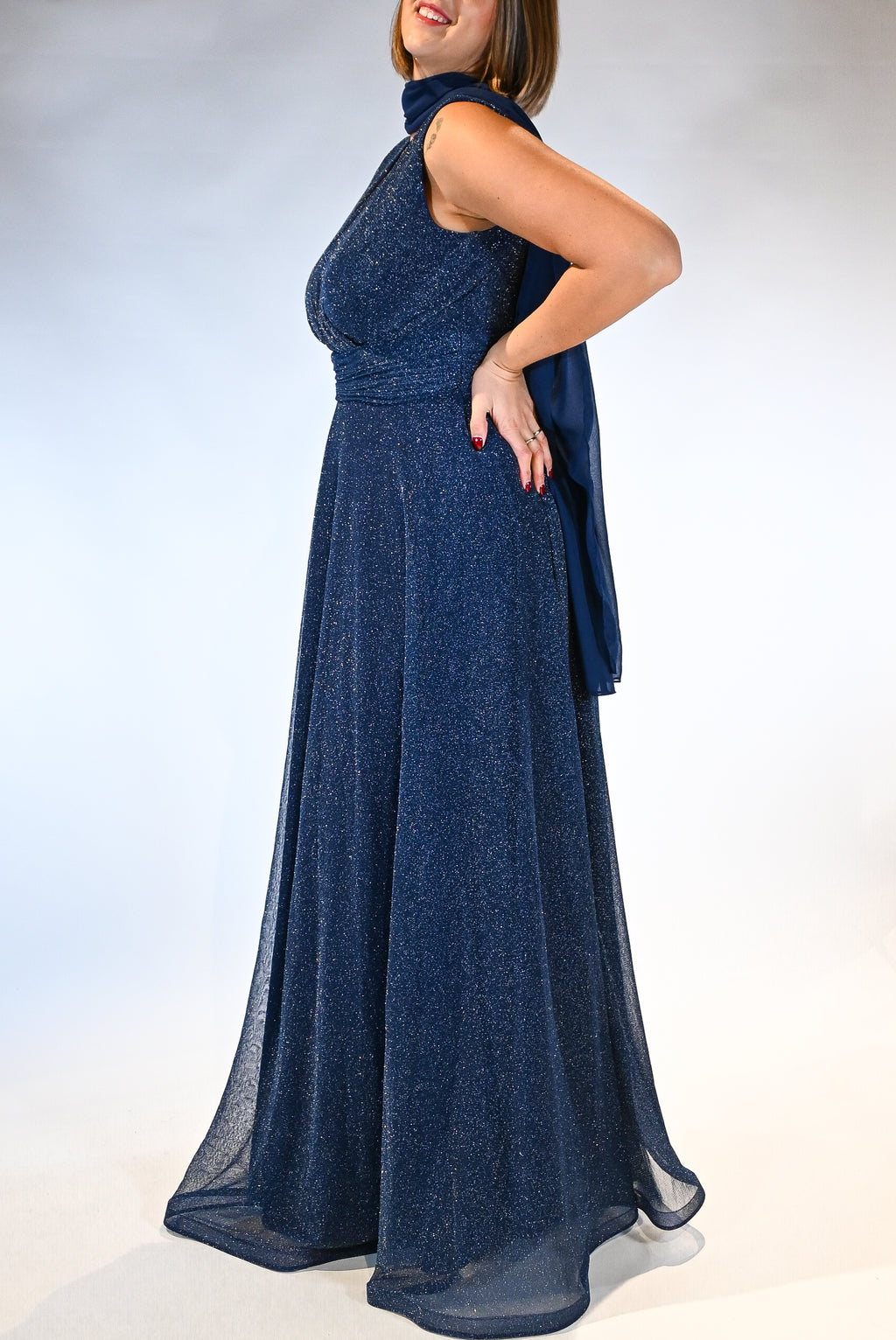 Abito lungo Scintillante con Scollo a Incrocio blu notte - Berti Mode Collection