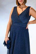 Abito lungo Scintillante con Scollo a Incrocio blu notte - Berti Mode Collection