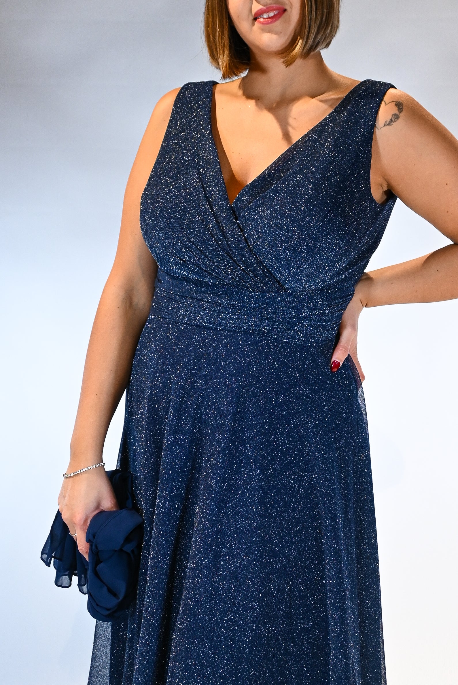 Abito lungo Scintillante con Scollo a Incrocio blu notte - Berti Mode Collection