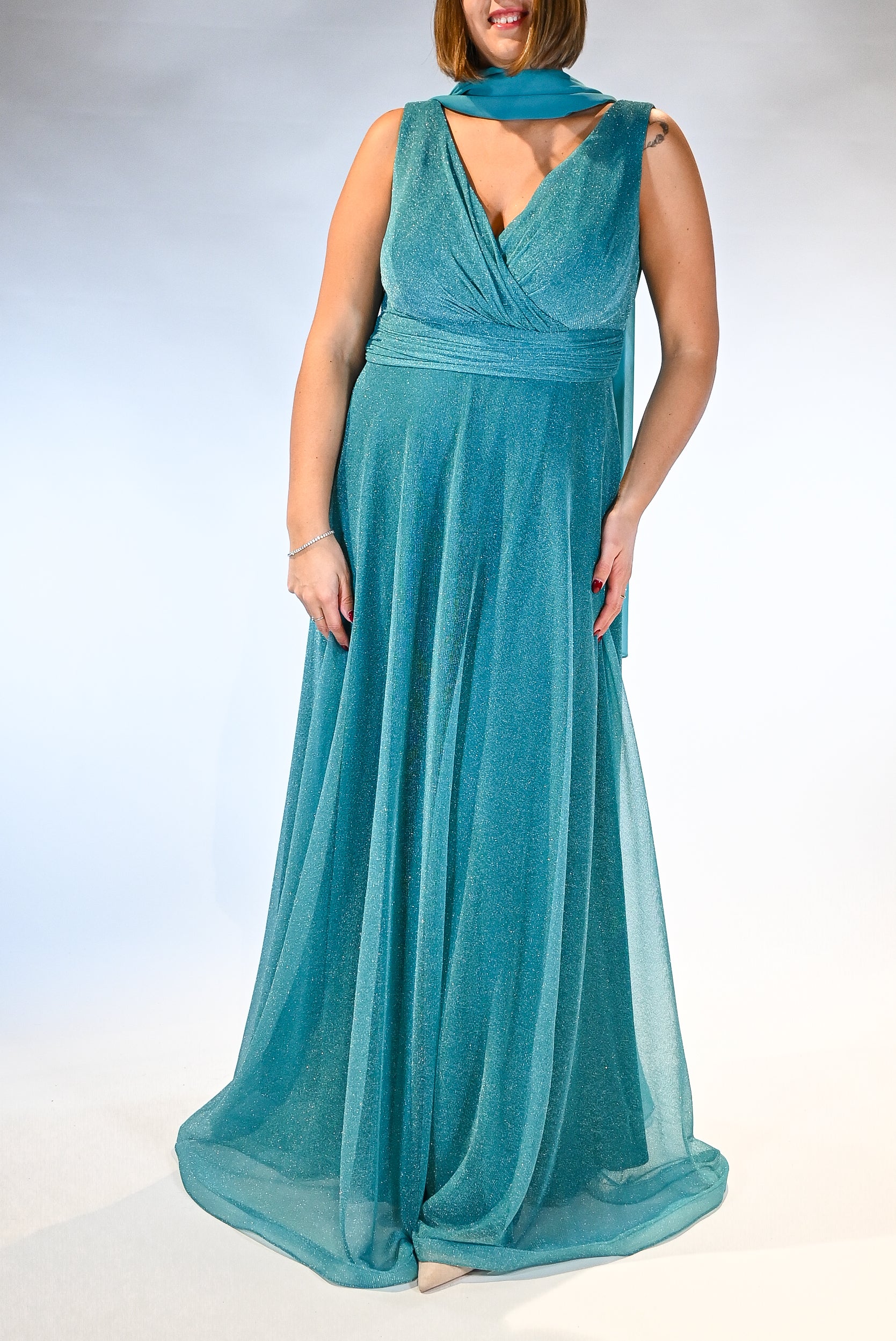 Abito lungo Scintillante con Scollo a Incrocio ottanio - Berti Mode Collection