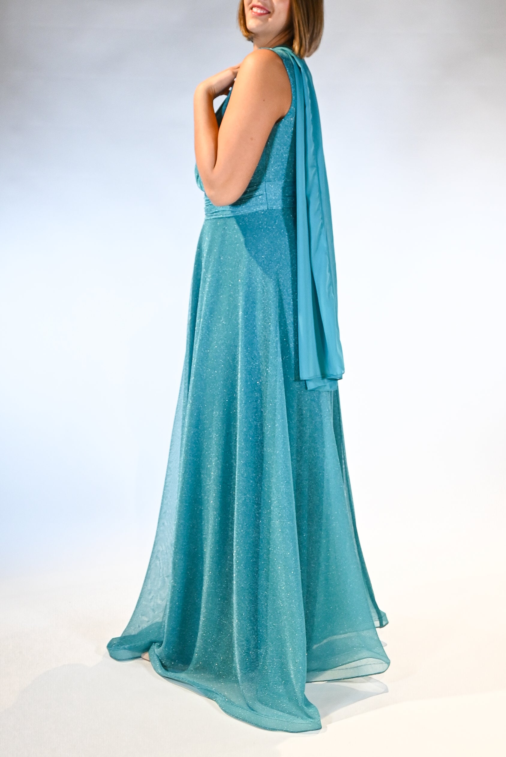 Abito lungo Scintillante con Scollo a Incrocio ottanio - Berti Mode Collection