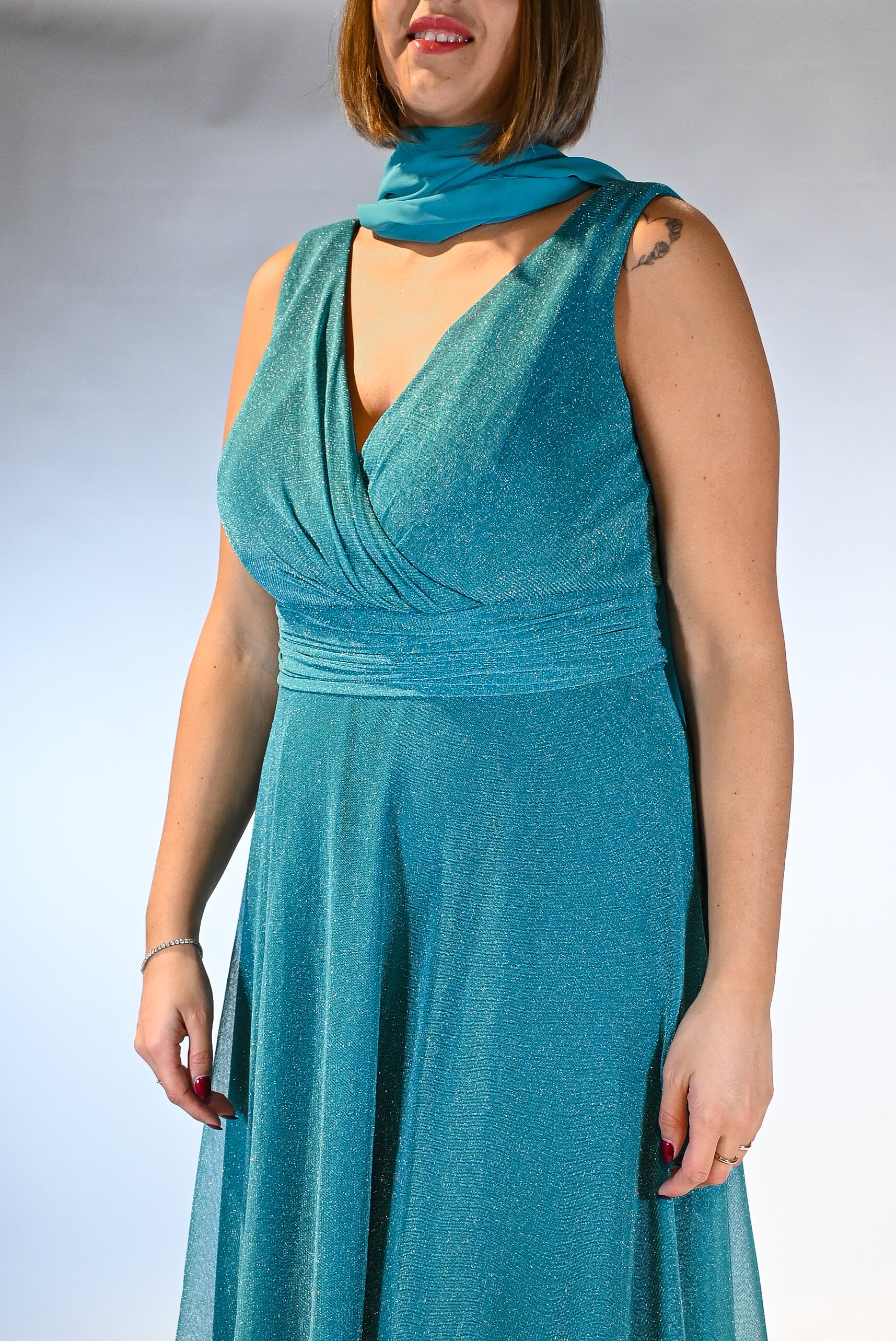 Abito lungo Scintillante con Scollo a Incrocio ottanio - Berti Mode Collection