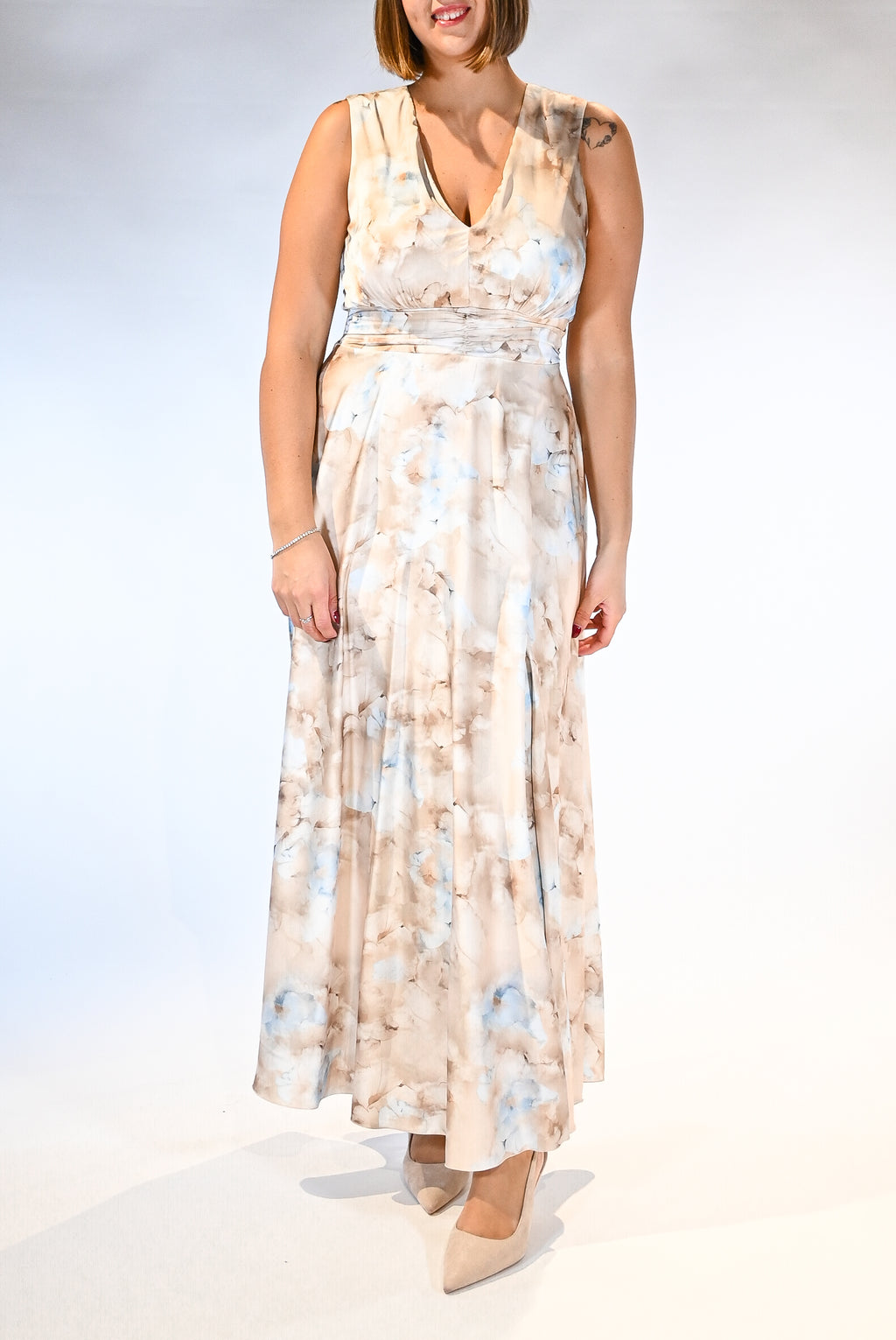 Abito Lungo Cerimonia con Stampa Acquerello – Beige e Azzurro Polvere - Rinascimento