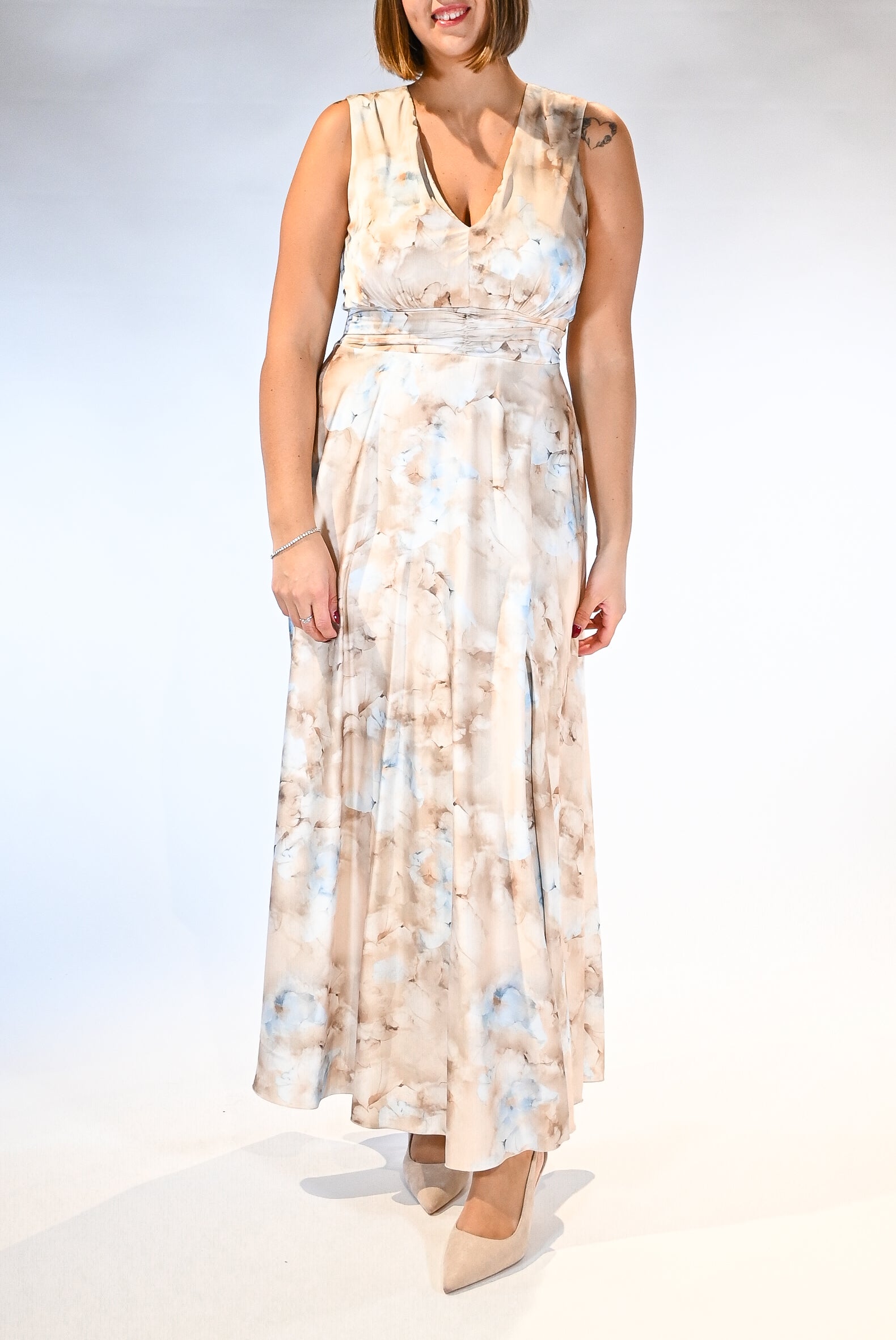 Abito Lungo Cerimonia con Stampa Acquerello – Beige e Azzurro Polvere - Rinascimento