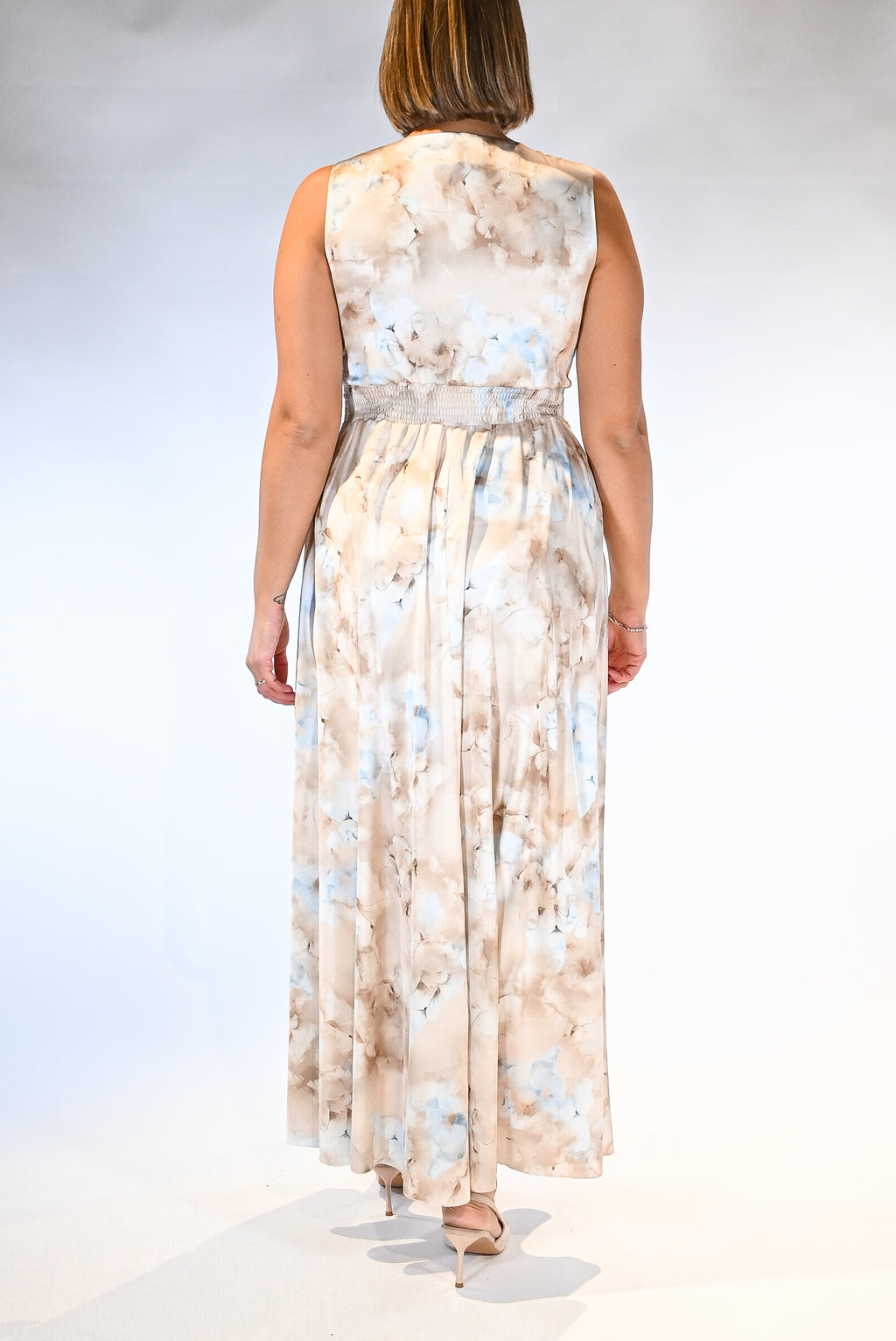 Abito Lungo Cerimonia con Stampa Acquerello – Beige e Azzurro Polvere - Rinascimento