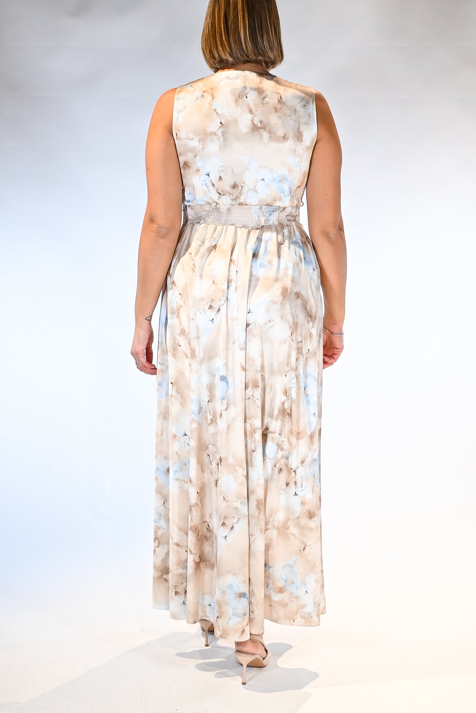 Abito Lungo Cerimonia con Stampa Acquerello – Beige e Azzurro Polvere - Rinascimento