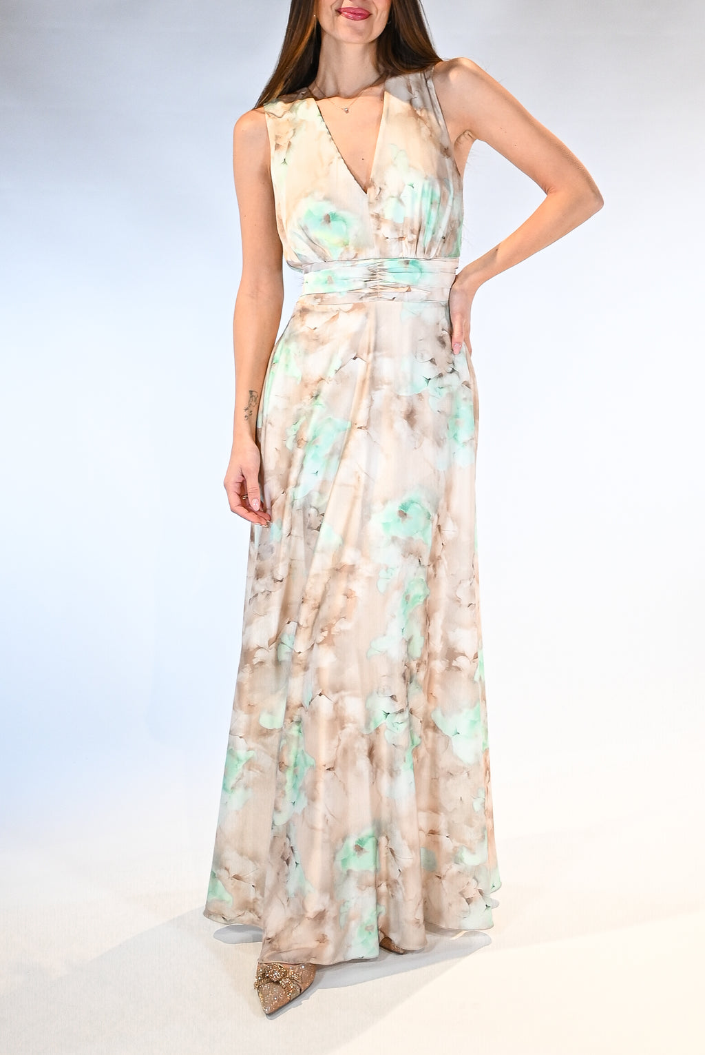 Abito Lungo Cerimonia con Stampa Acquerello – Beige e verde acqua - Rinascimento
