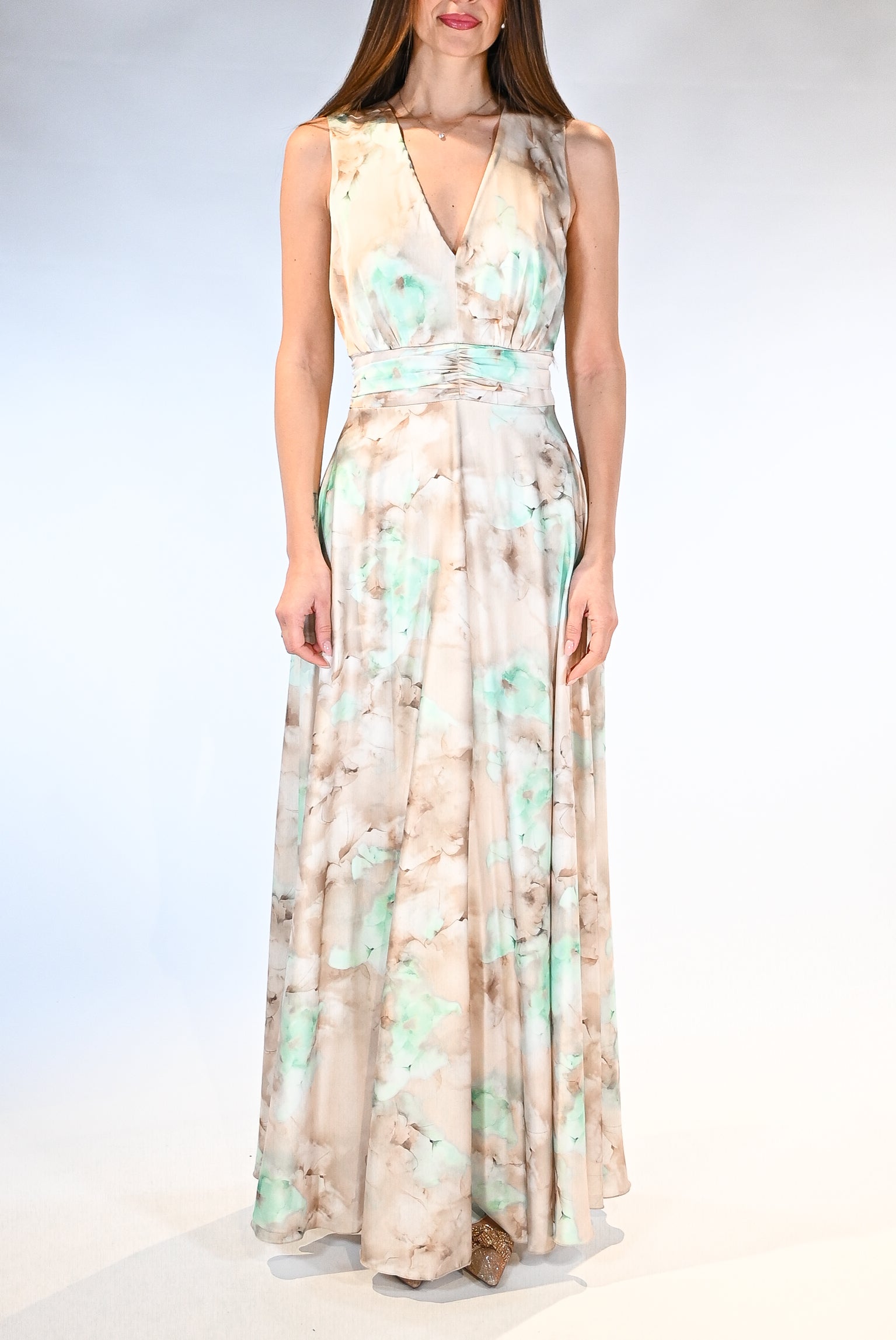 Abito Lungo Cerimonia con Stampa Acquerello – Beige e verde acqua - Rinascimento