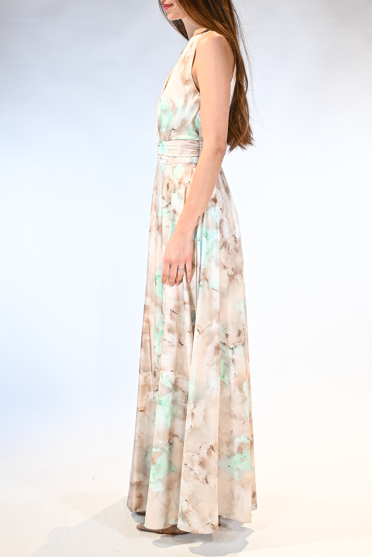 Abito Lungo Cerimonia con Stampa Acquerello – Beige e verde acqua - Rinascimento