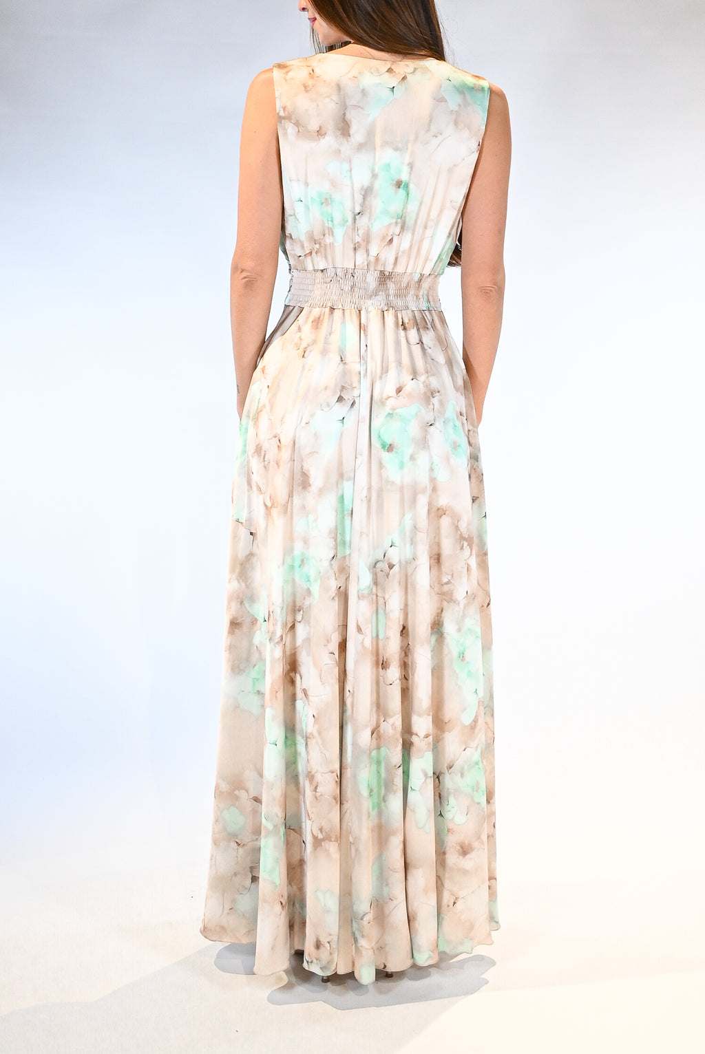 Abito Lungo Cerimonia con Stampa Acquerello – Beige e verde acqua - Rinascimento