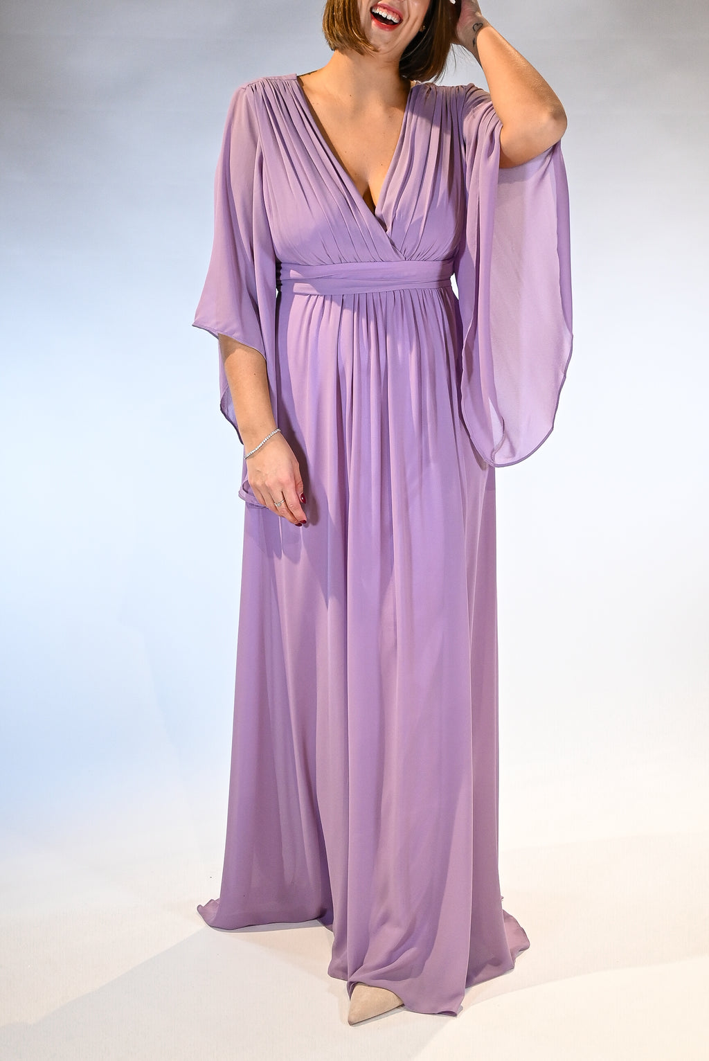 Abito lungo in Chiffon con Maniche a Mantella  lilla - Dea Fea