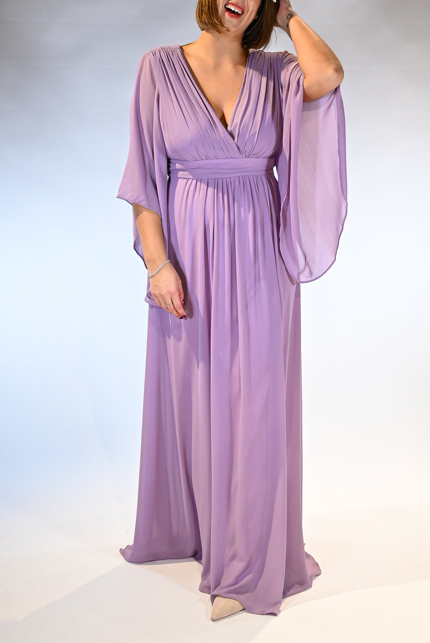 Abito lungo in Chiffon con Maniche a Mantella  lilla - Dea Fea