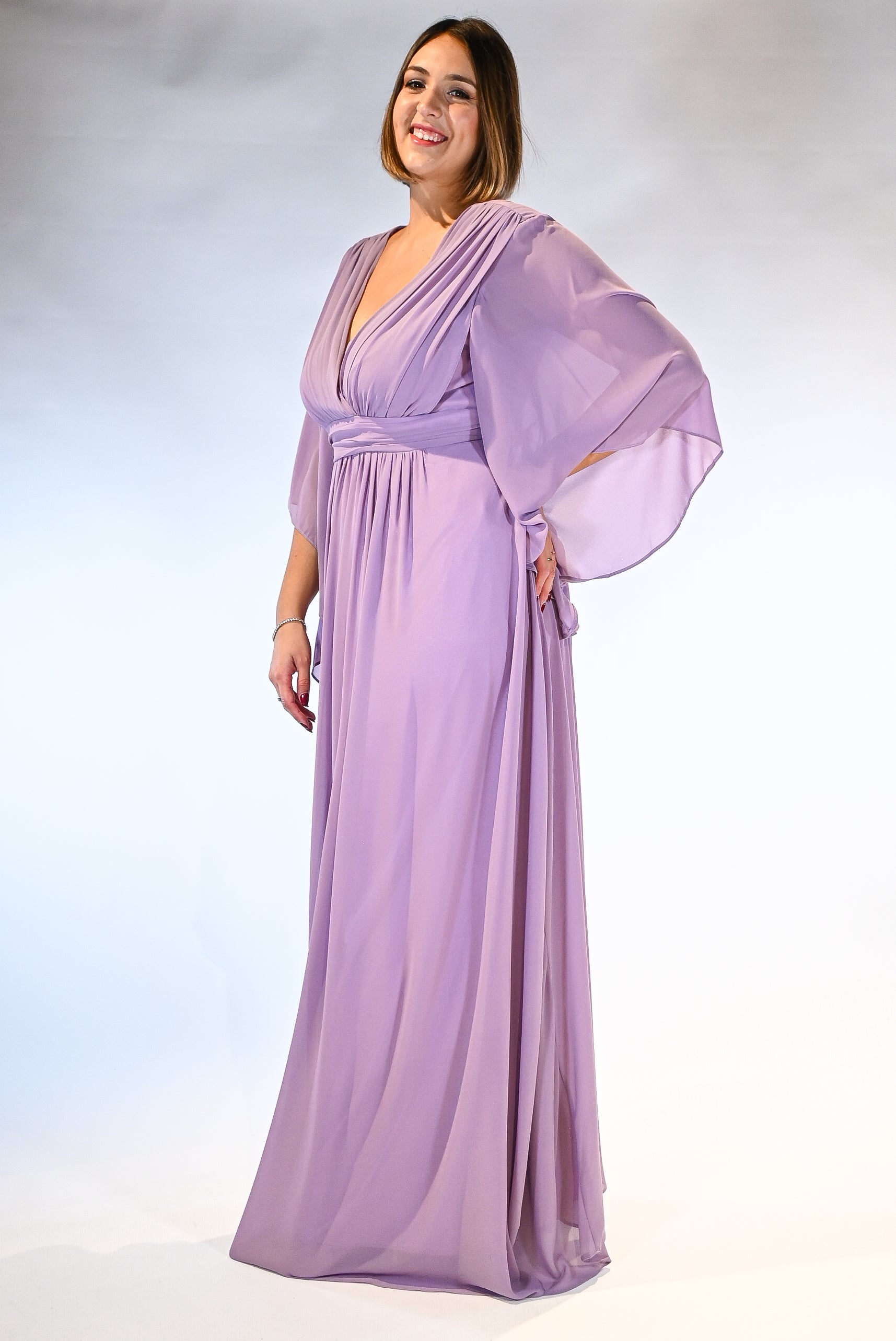 Abito lungo in Chiffon con Maniche a Mantella  lilla - Dea Fea