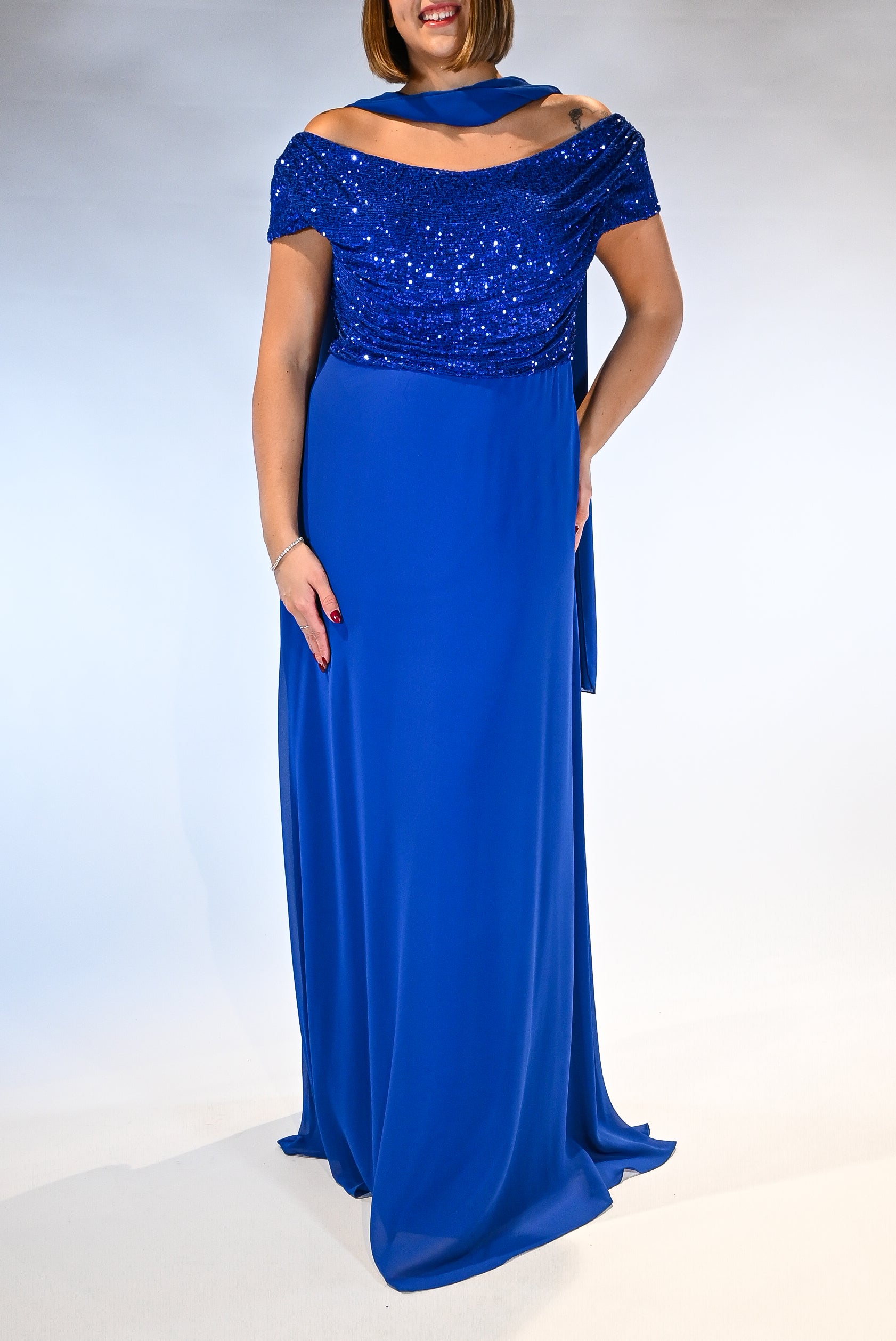 Tuta con spalla scesa e corsetto con paillettes blu elettrico - Berti Mode Collection