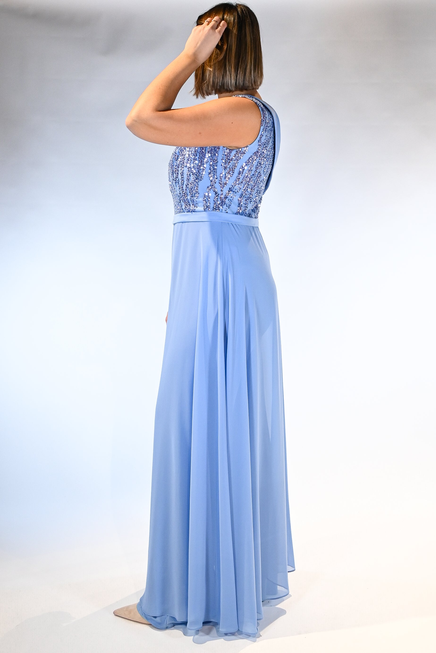 Tuta Elegante in Chiffon con Corpetto di Paillettes – Celeste Polvere - Berti Mode Collection