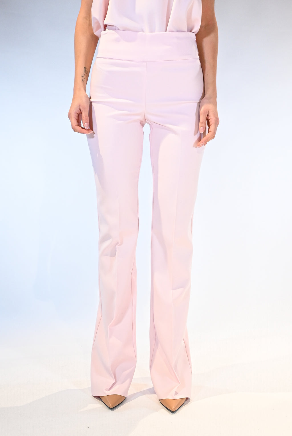 Pantalone Flare a Vita Alta - Rosa Cipria - Rinascimento