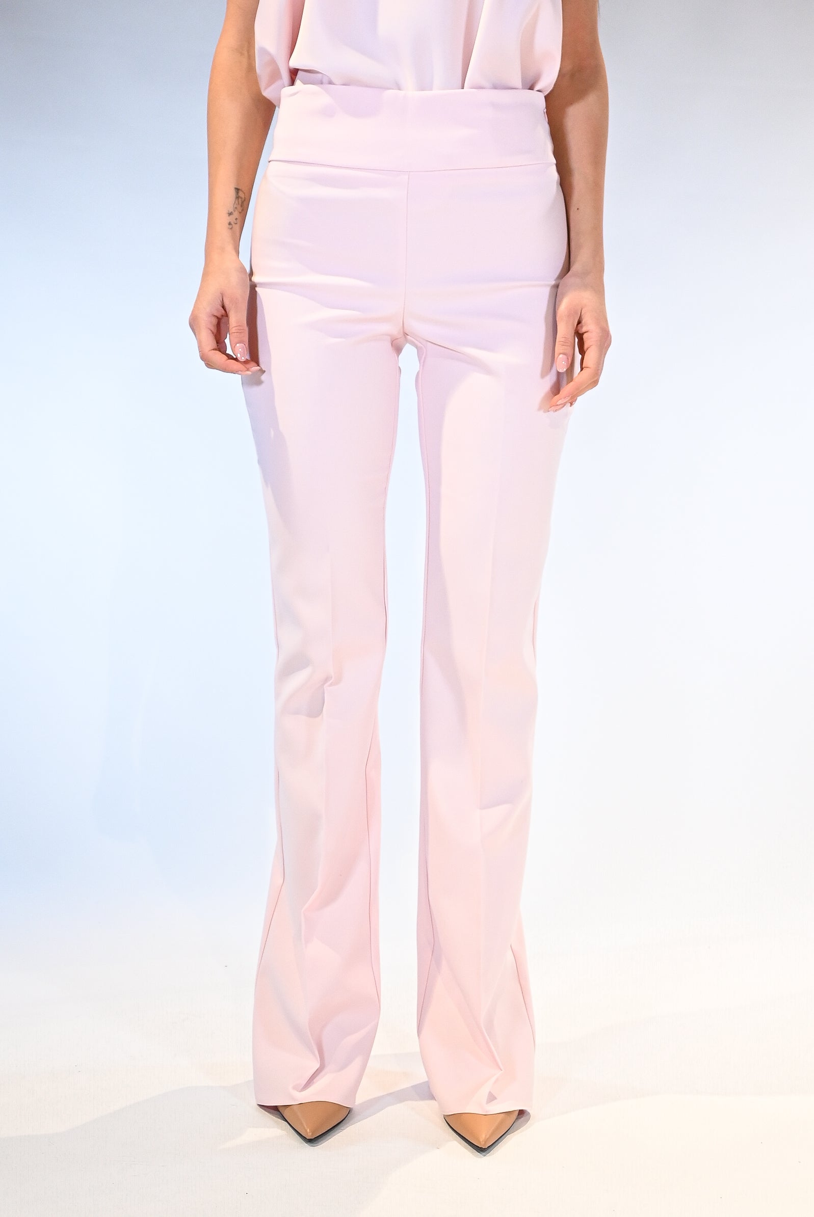 Pantalone Flare a Vita Alta - Rosa Cipria - Rinascimento