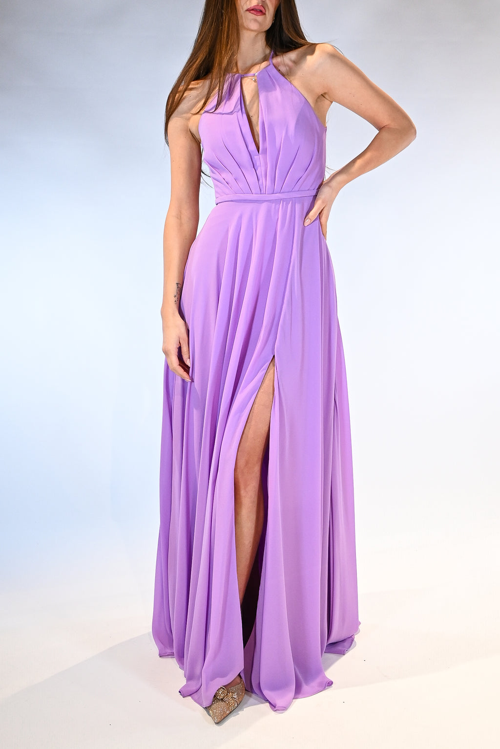 Abito Lungo Cerimonia con Scollo Americano lilla - Berti Mode Collection