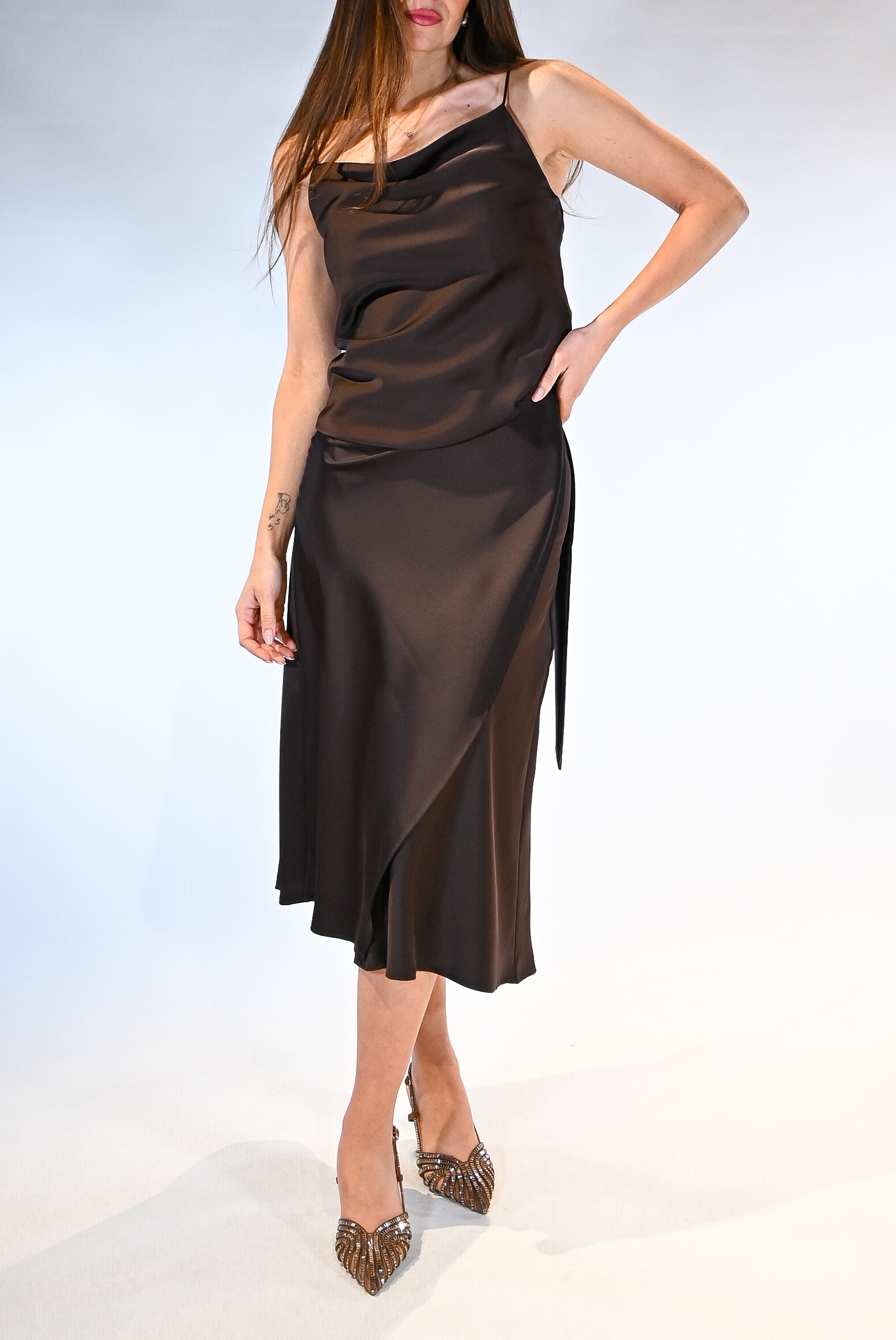 Top a Sottoveste in Satin con Scollo a Cappuccio marrone - Souvenir