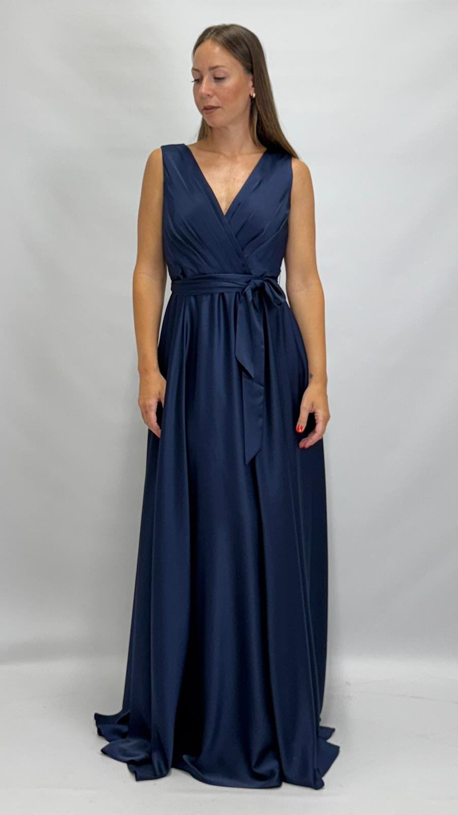 Abito Lungo da Cerimonia con Scollo a V blu notte - Berti Mode Collection