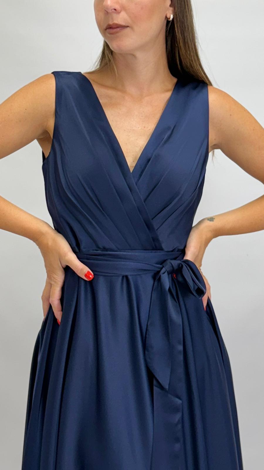 Abito Lungo da Cerimonia con Scollo a V blu notte - Berti Mode Collection