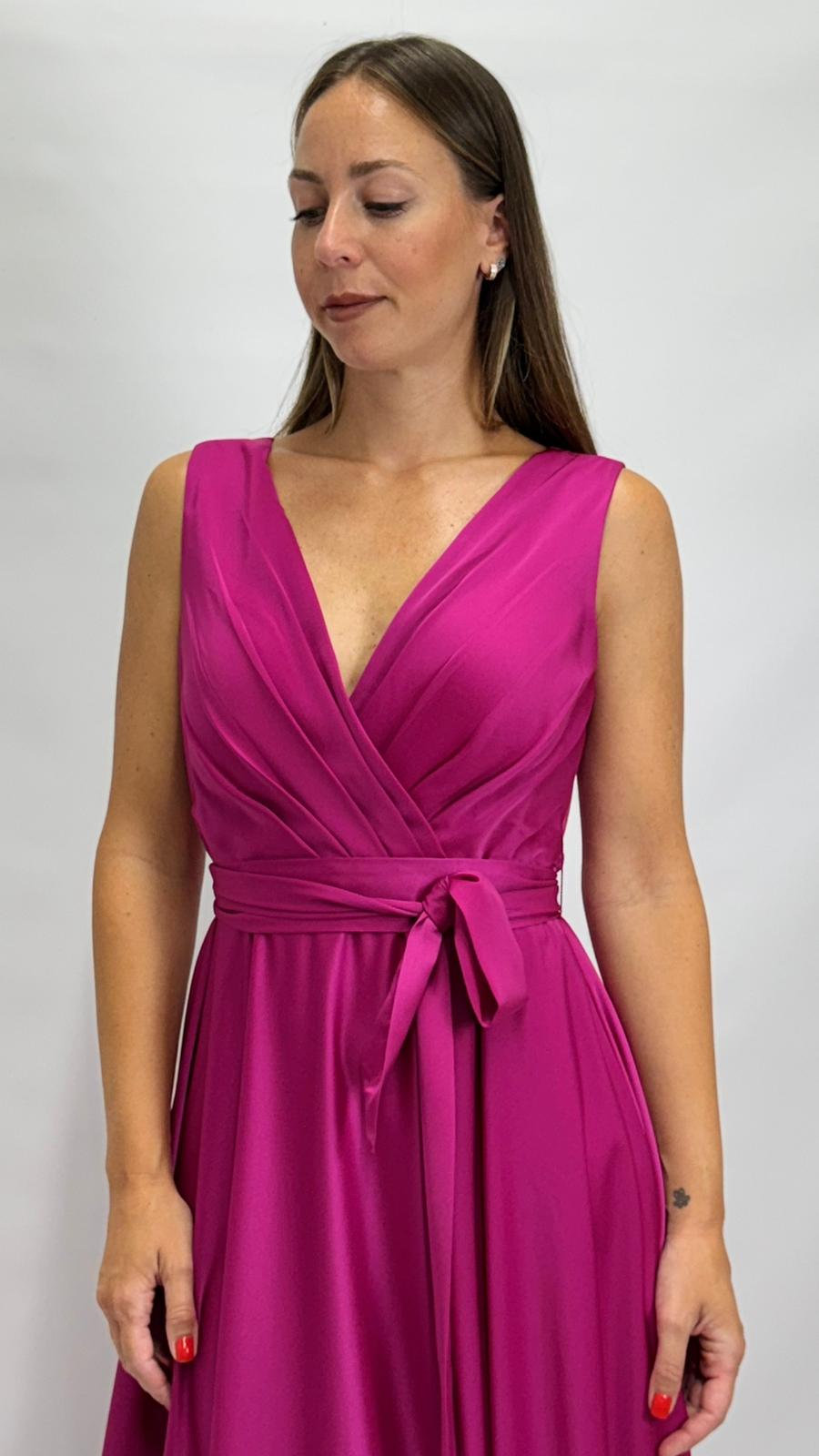 Abito Lungo da Cerimonia con Scollo a V magenta - Berti Mode Collection