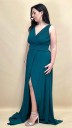 Berti Mode Collection - Abito da cerimonia curvy con scollo a V plissettato verde bosco