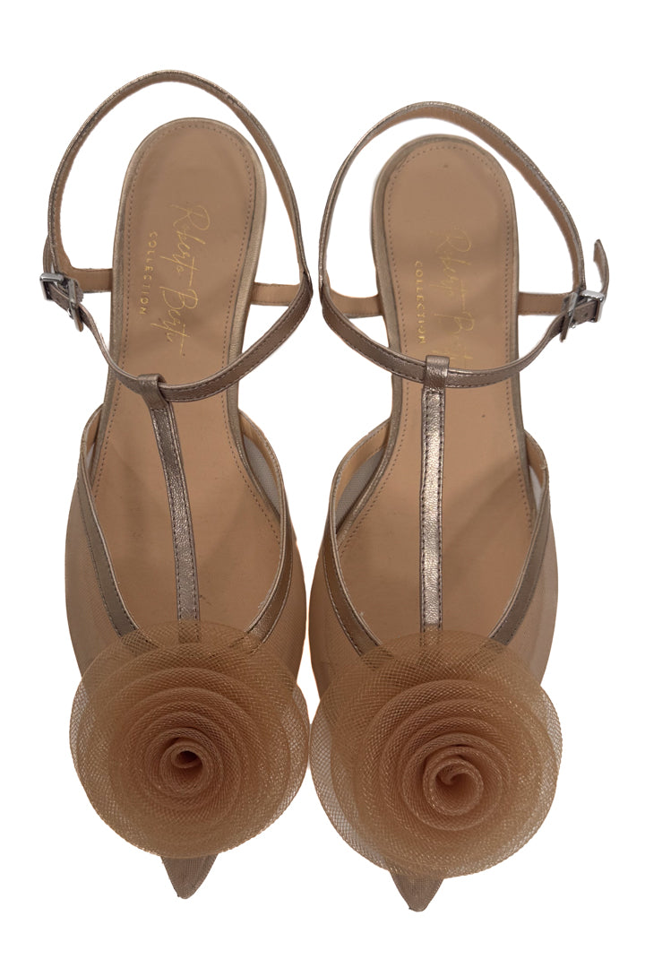Ballerina Pointed-Toe con Maxi Rosa in Tulle – Bronzo - Berti Mode Collection