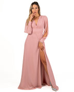 Berti Mode Collection - Abito lungo rosa con manica lunga aperta e scollo a V